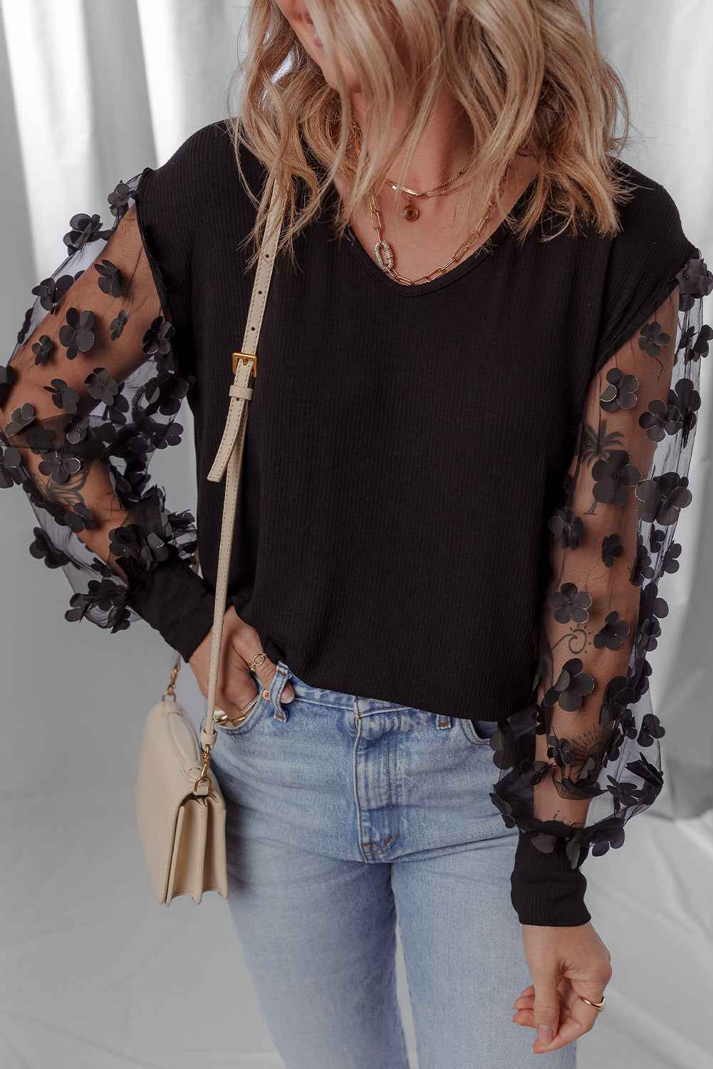 Black Flower Applique Mesh Long Sleeve V Neck Top Black 70%Polyester+27%Viscose+3%Elastane c307b1655d451cd2