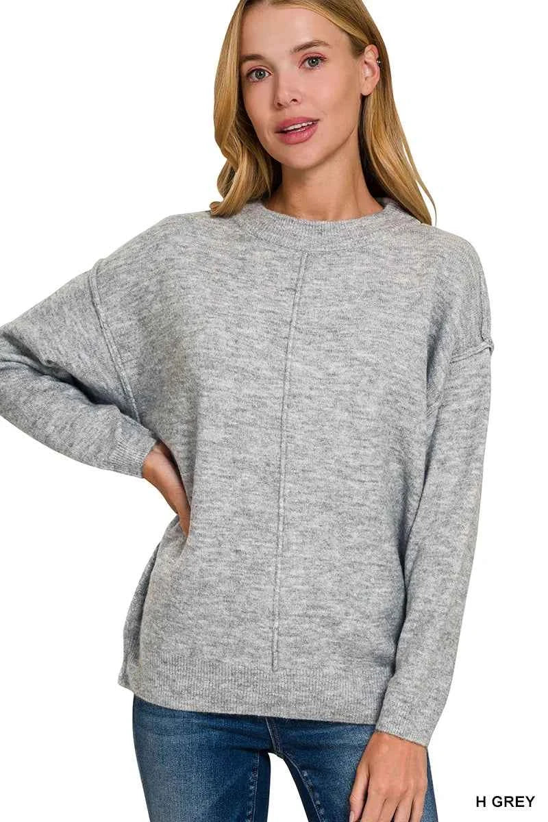 Zenana Melange Front Seam Round-Neck Sweater H GREY c3091621-00b4-4bcb-876a-b010b65d4d34-Max-Origin