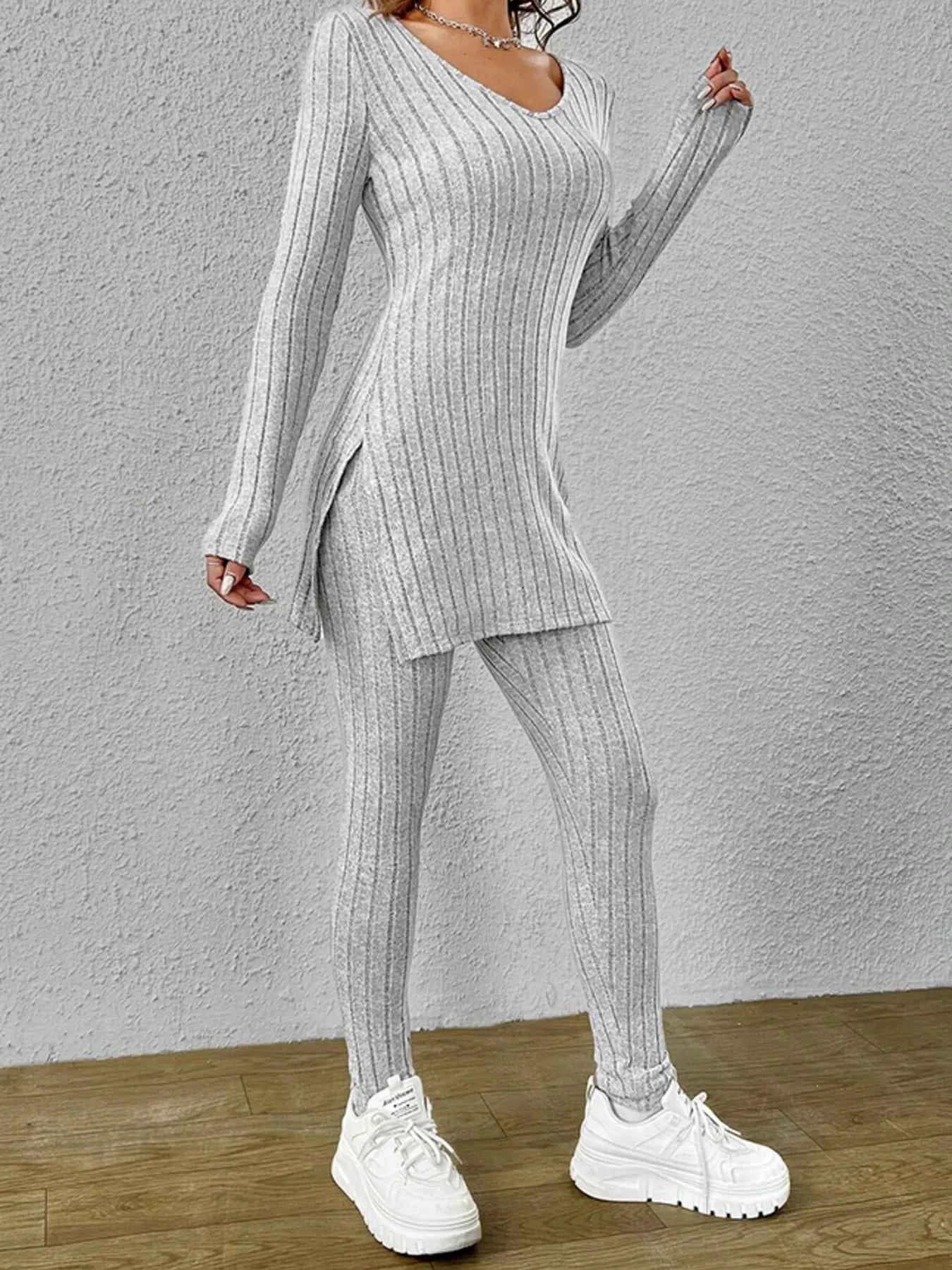 Slit V-Neck Ribbed Top and Pants Set c30c4329938749aa81b2818e671d7bf0-Max-Origin