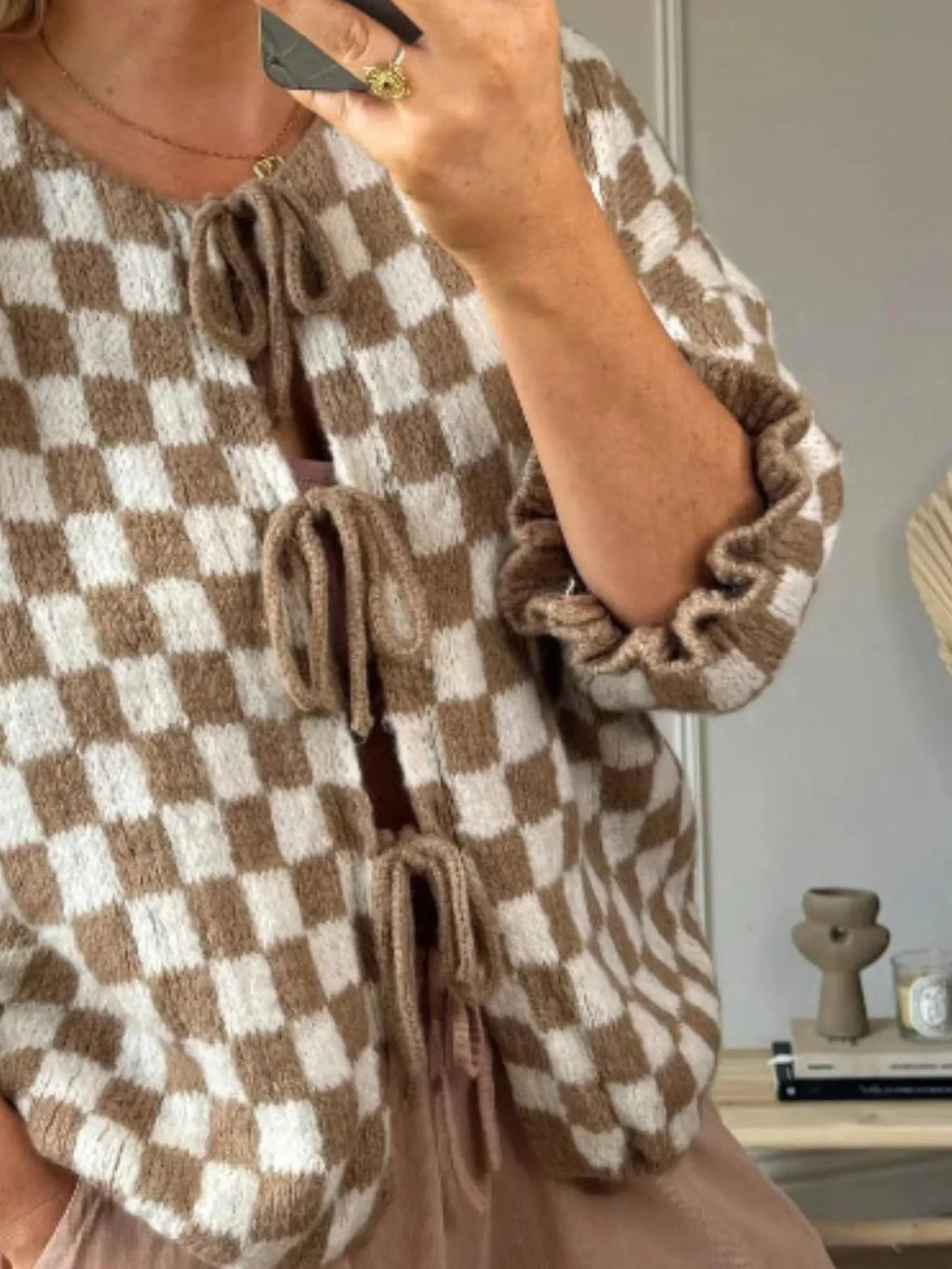 Checkered Tie-Front Knit Cardigan c31c7056-e2a0-4127-b863-2acf7304d941-Max-Origin