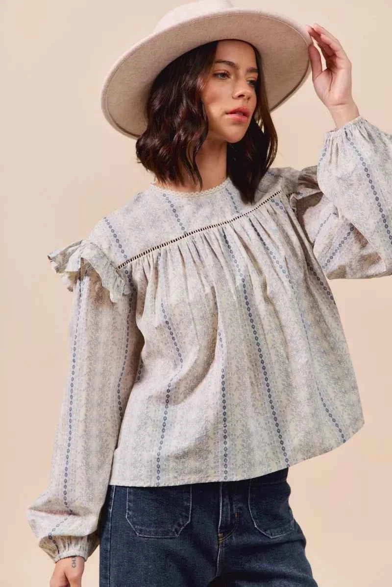 SO ME Floral Cotton Print Ruffled Long Sleeve Blouse c32fce237fc347a6b2369ee1c83dbc86-Max-Origin