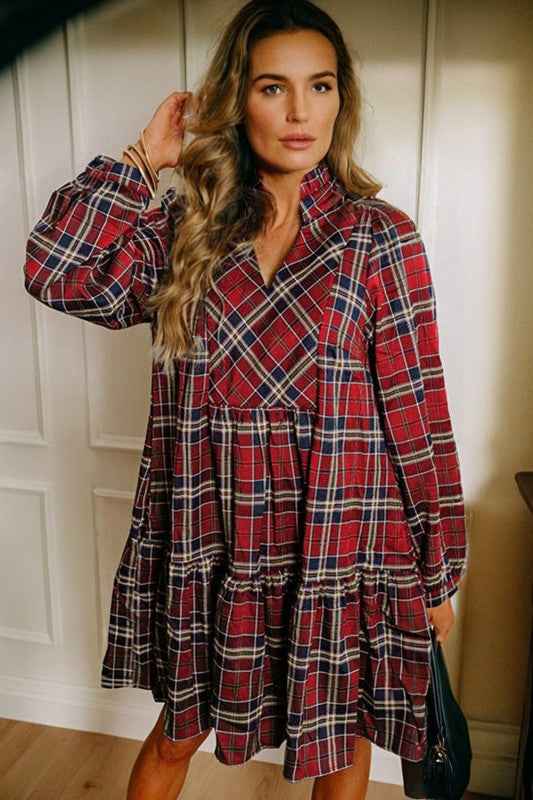 Plaid Frilled Collar Long Sleeve Mini Dress c32fe8ff-ee81-4b46-8685-4387d0338d65