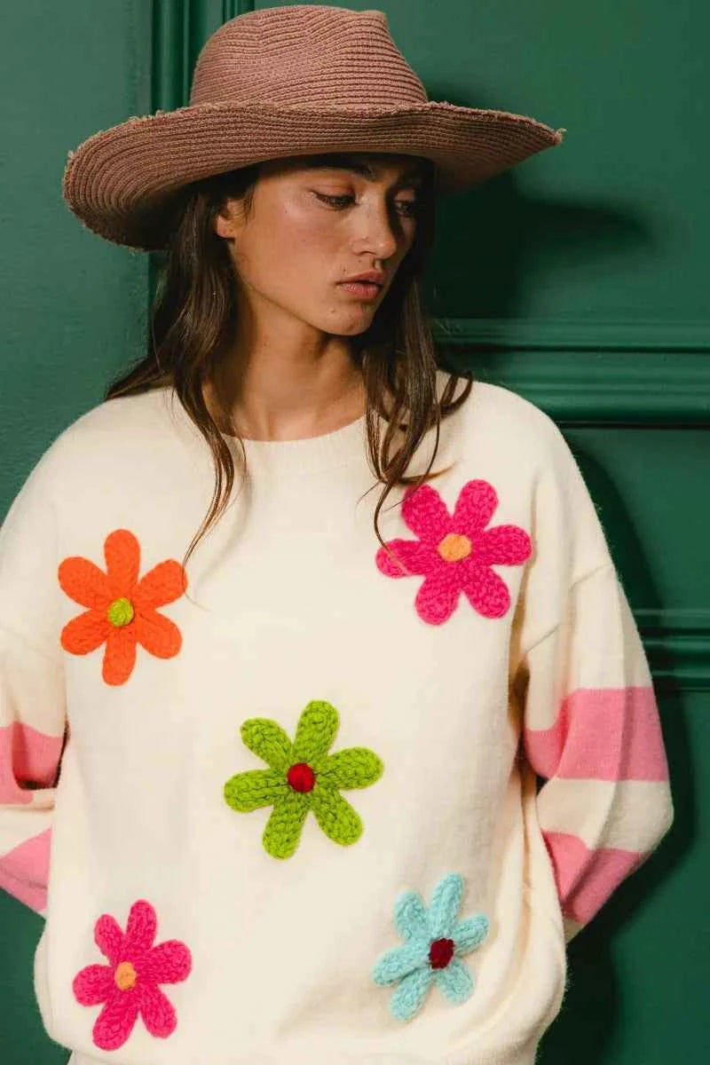 BiBi Colorful Floral Patched Sweater with Striped Sleeve OATMEAL c3821ce9c7aa4785bea75b886d636590-Max-Origin