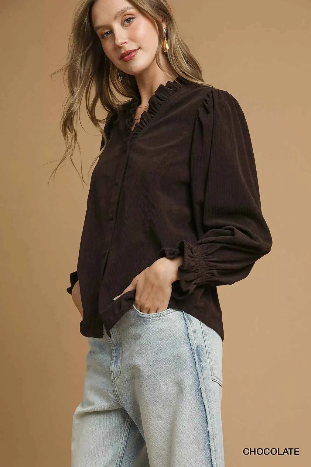 Umgee Corduroy Ruffle Shirt with Long Puff Sleeves c3835208-3d42-4b6a-9dc4-30ef3280d292-Max-Origin