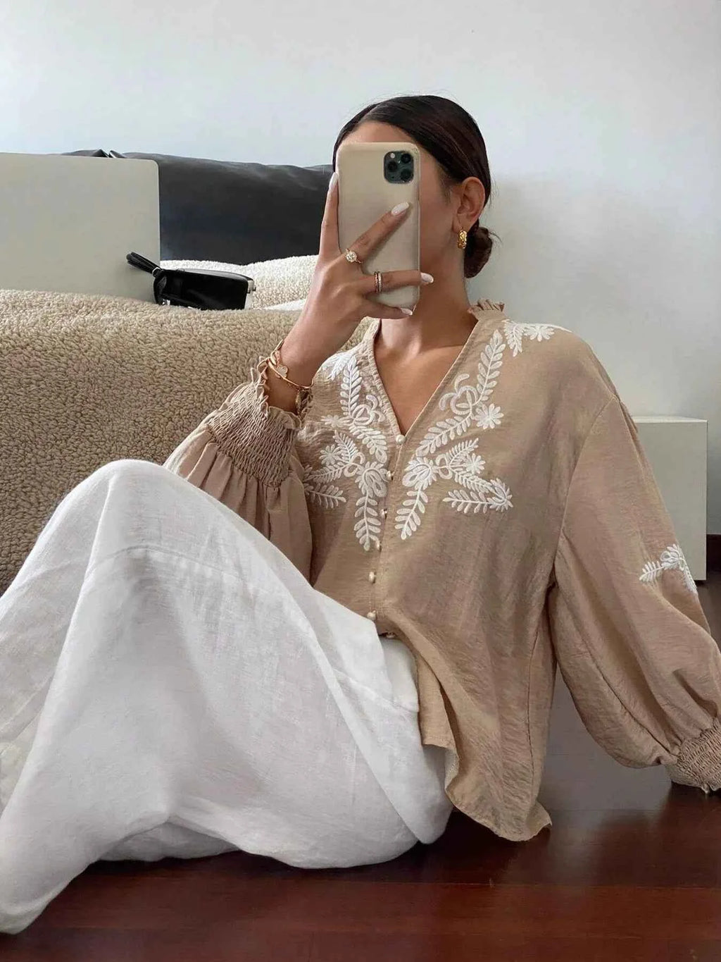 Embroidered Lantern Sleeve Blouse c3878ceea5c44ef0b3dc6372b6cc4ab4-Max-Origin