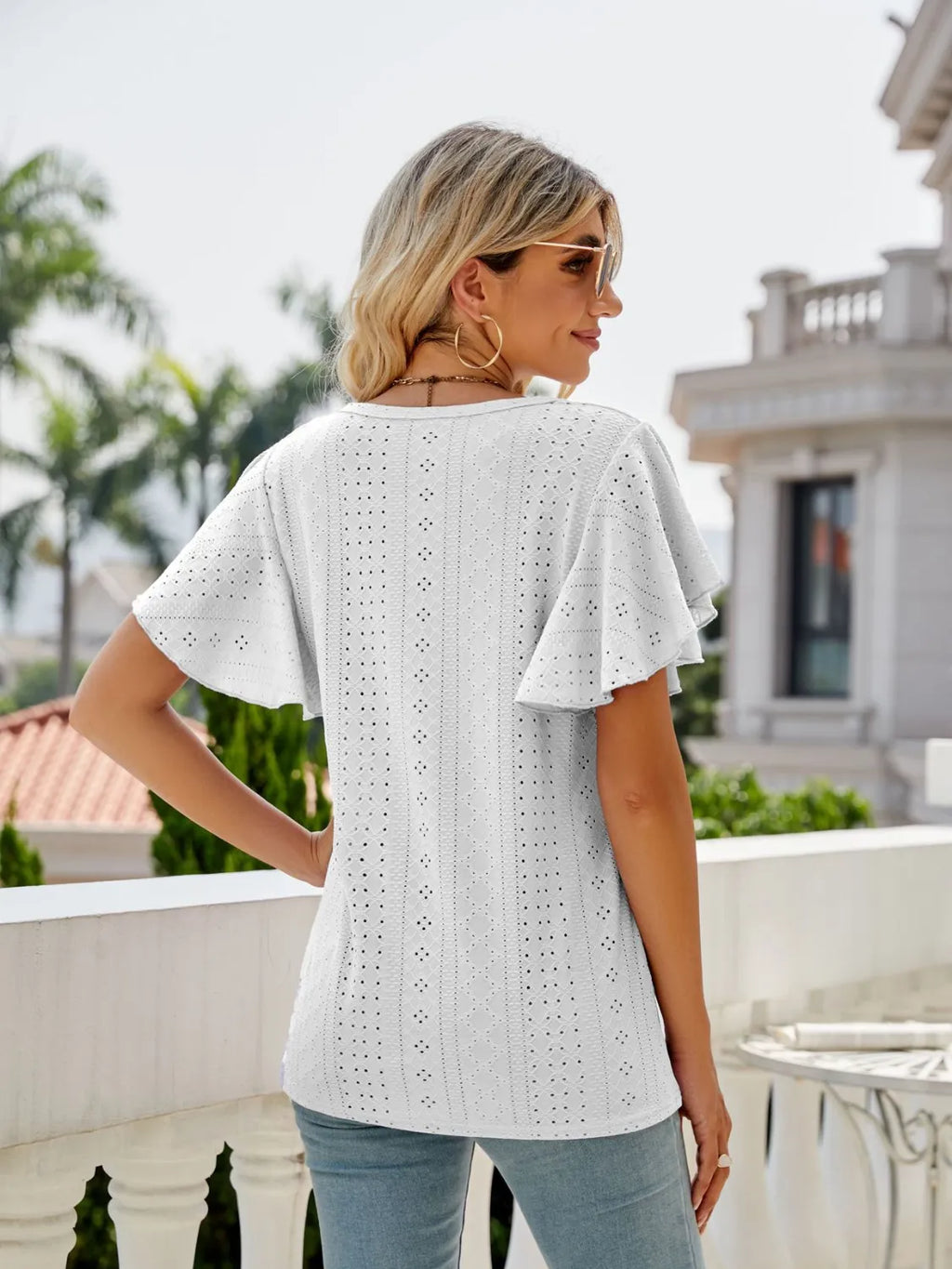 Eyelet Round Neck Flutter Sleeve T-Shirt c39e402a-3142-4411-be5e-fe5194899935-Max-Origin