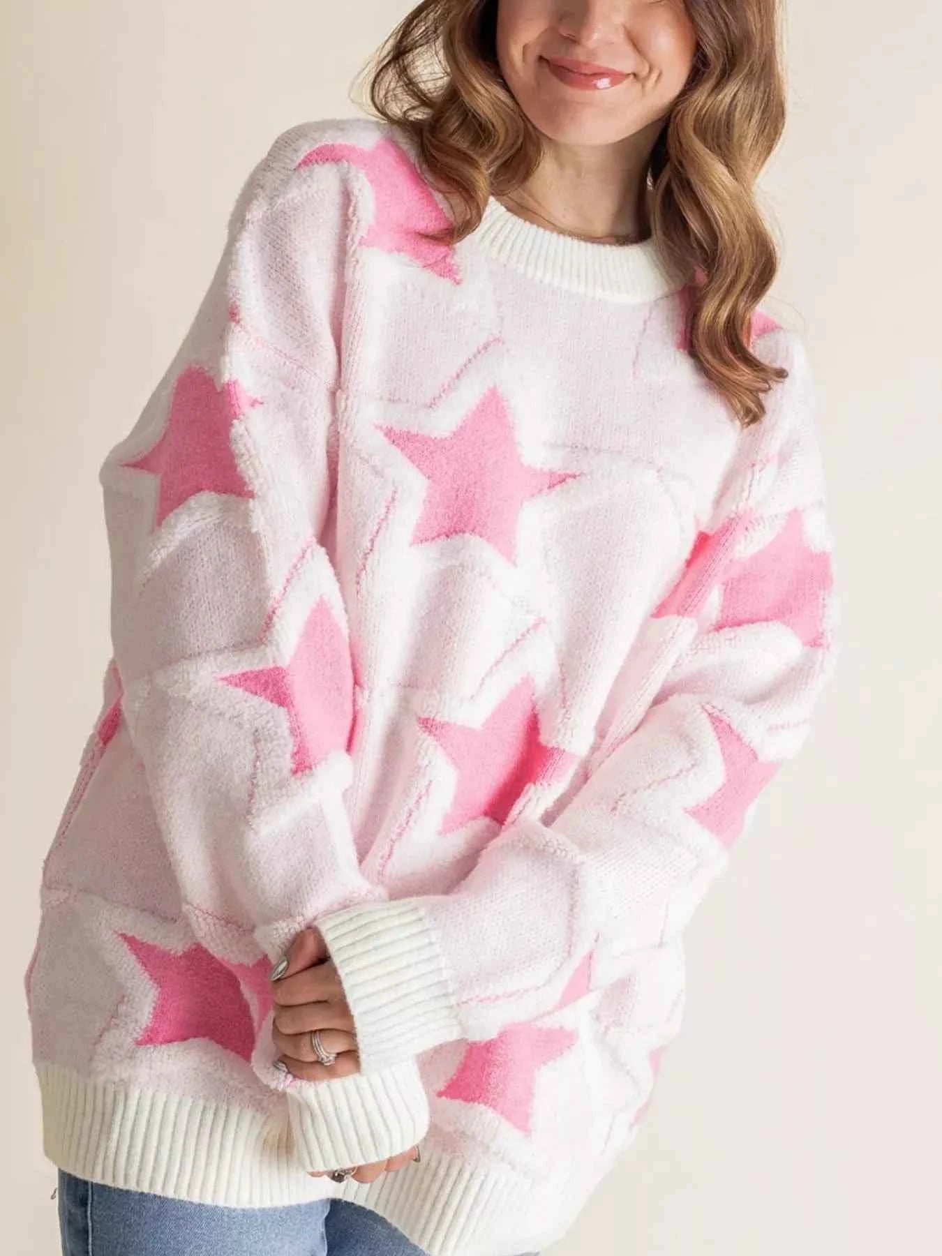 Oversized Star Pattern Ribbed Edge Drop Shoulder Sweater c3a4efb0-6eab-4ebf-bd24-9a2fe4f2330b-Max-Origin