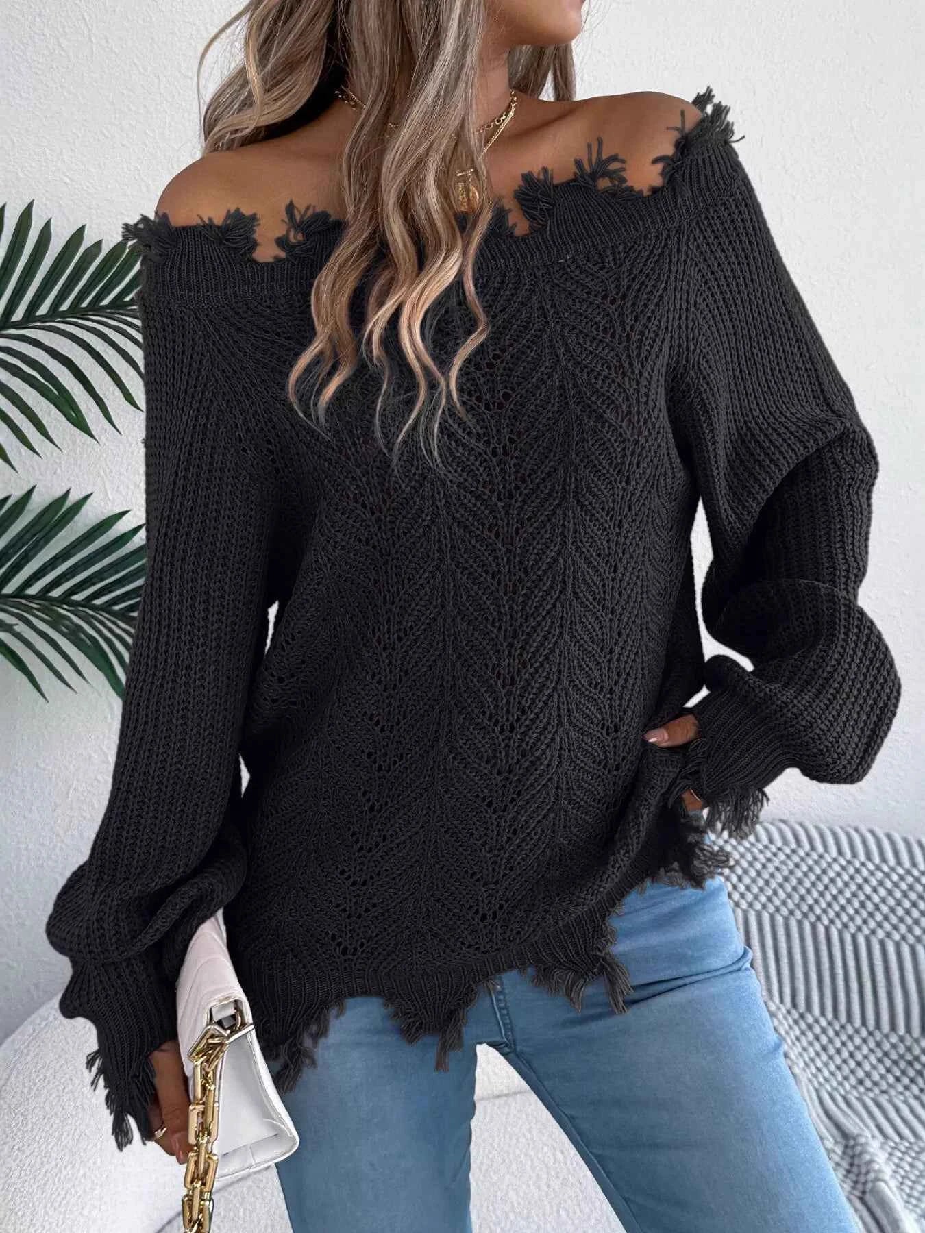 Distressed Hem Openwork Off-Shoulder Sweater c3b868147a2943398e4796f30fff35cb-Max-Origin