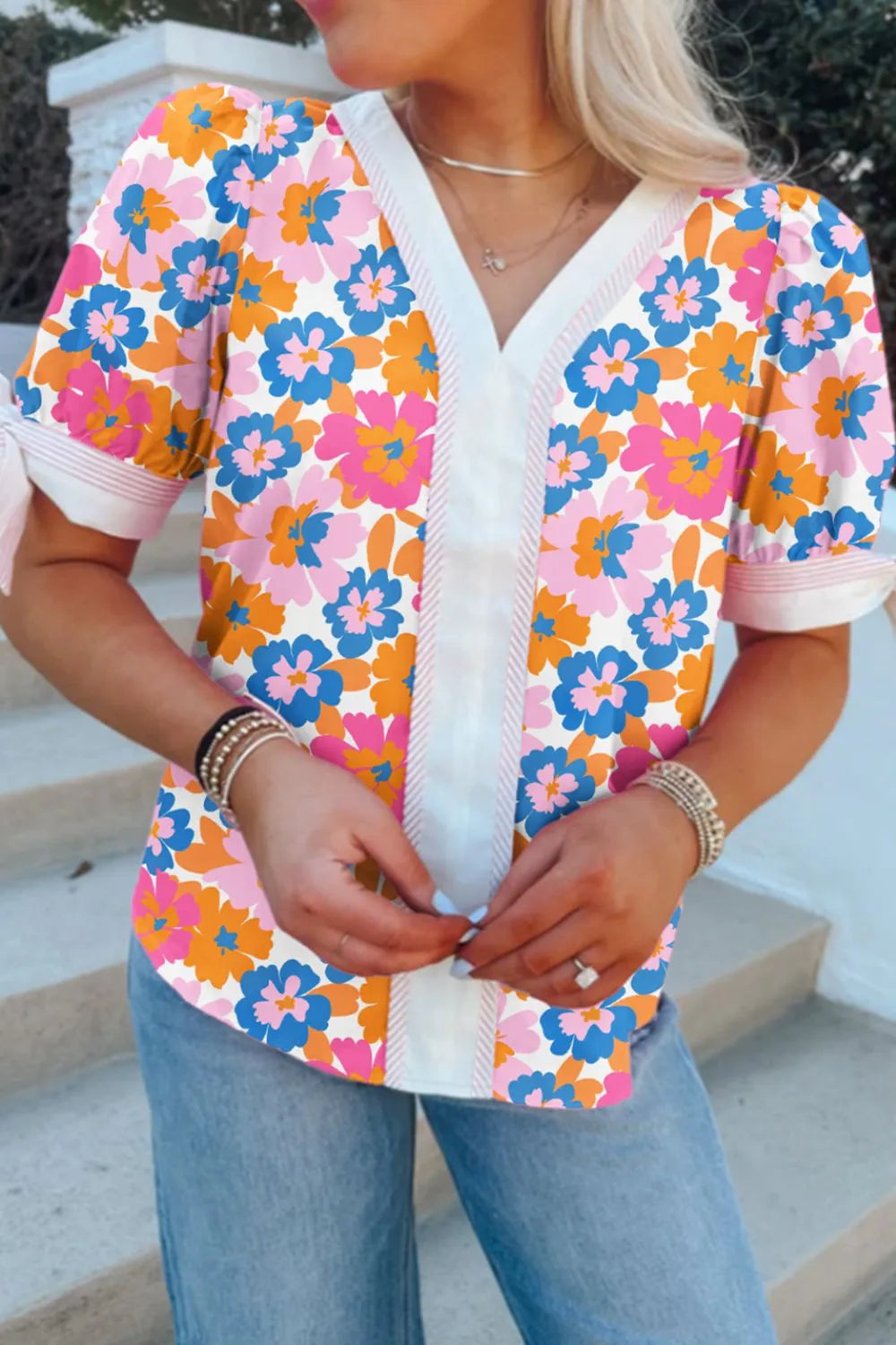 Floral Striped Edge V Neck Knotted Short Sleeve Blouse Floral c3e25c00-f02e-4e73-ba3a-bf14b7f0643f-Max-Origin