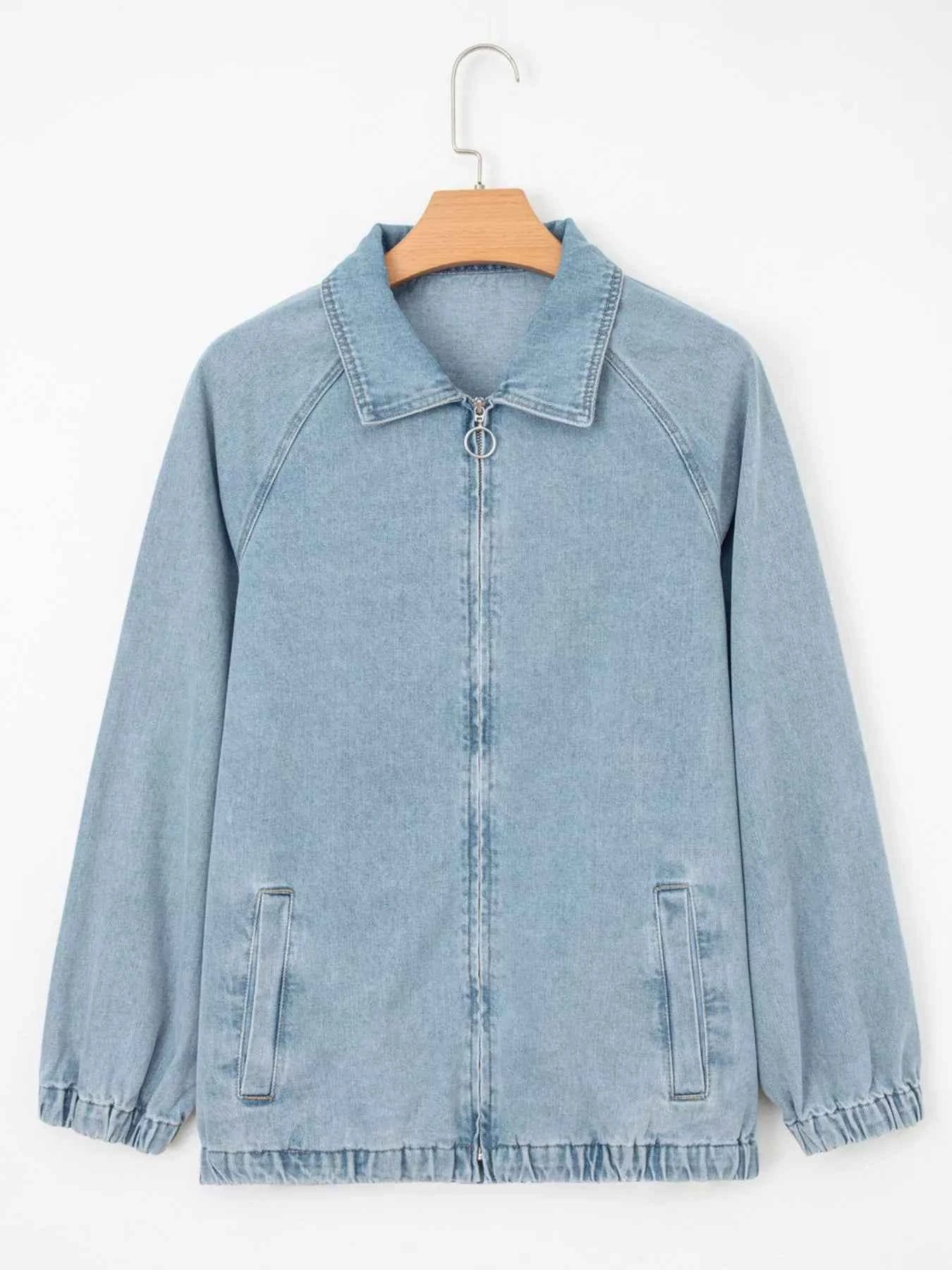 Elastic Edge Collared Zip Up Denim Jacket With Pocket c3ea07bc-a7b4-498e-a88d-b44ad287f0a7-Max-Origin