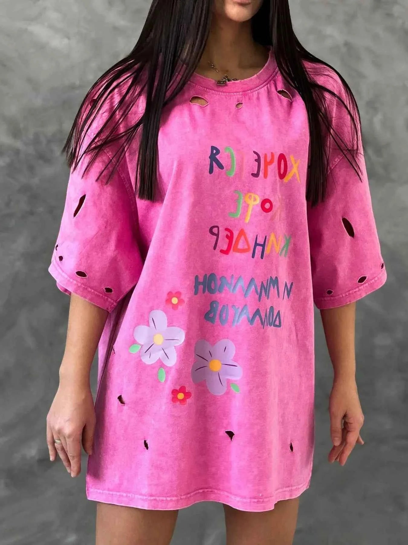 Distressed Oversized Letter Round Neck T-Shirt Hot Pink c3f05833-c8a8-4f71-ad40-3524542a3580-Max-Origin