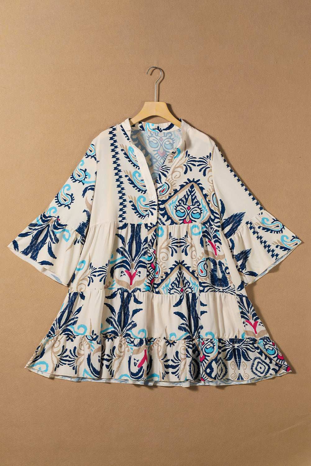 White Ethnic Print Boho Button Tiered Mini Dress c3fcc66f40cf144d-_15