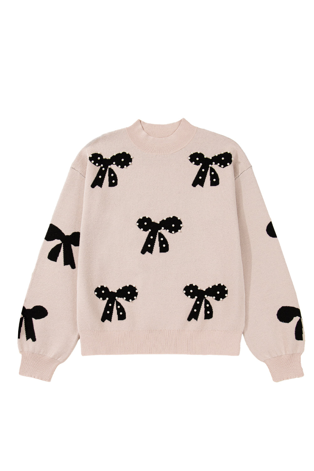 Smoke Gray Pearl Embellished Bow Pattern Loose Sweater c42d057baa679297