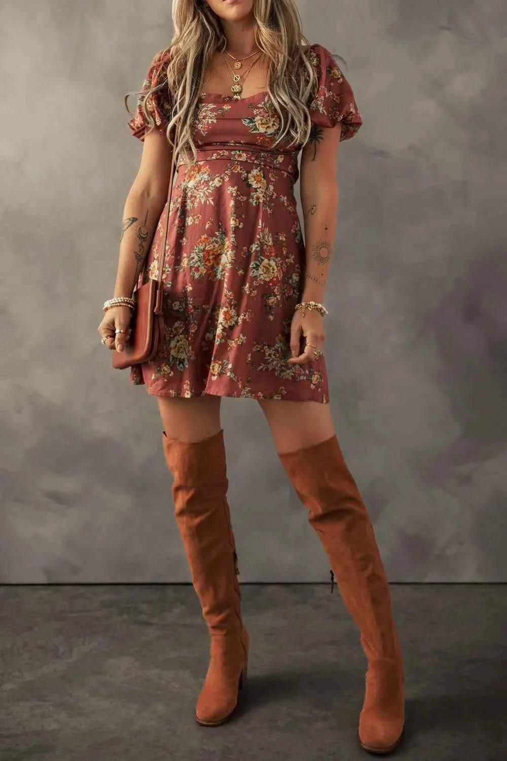 Floral Puff Sleeve Square Neck Knot Open Back Mini Dress c438f10a-febb-4949-a310-5fd98d12427c-Max-Origin