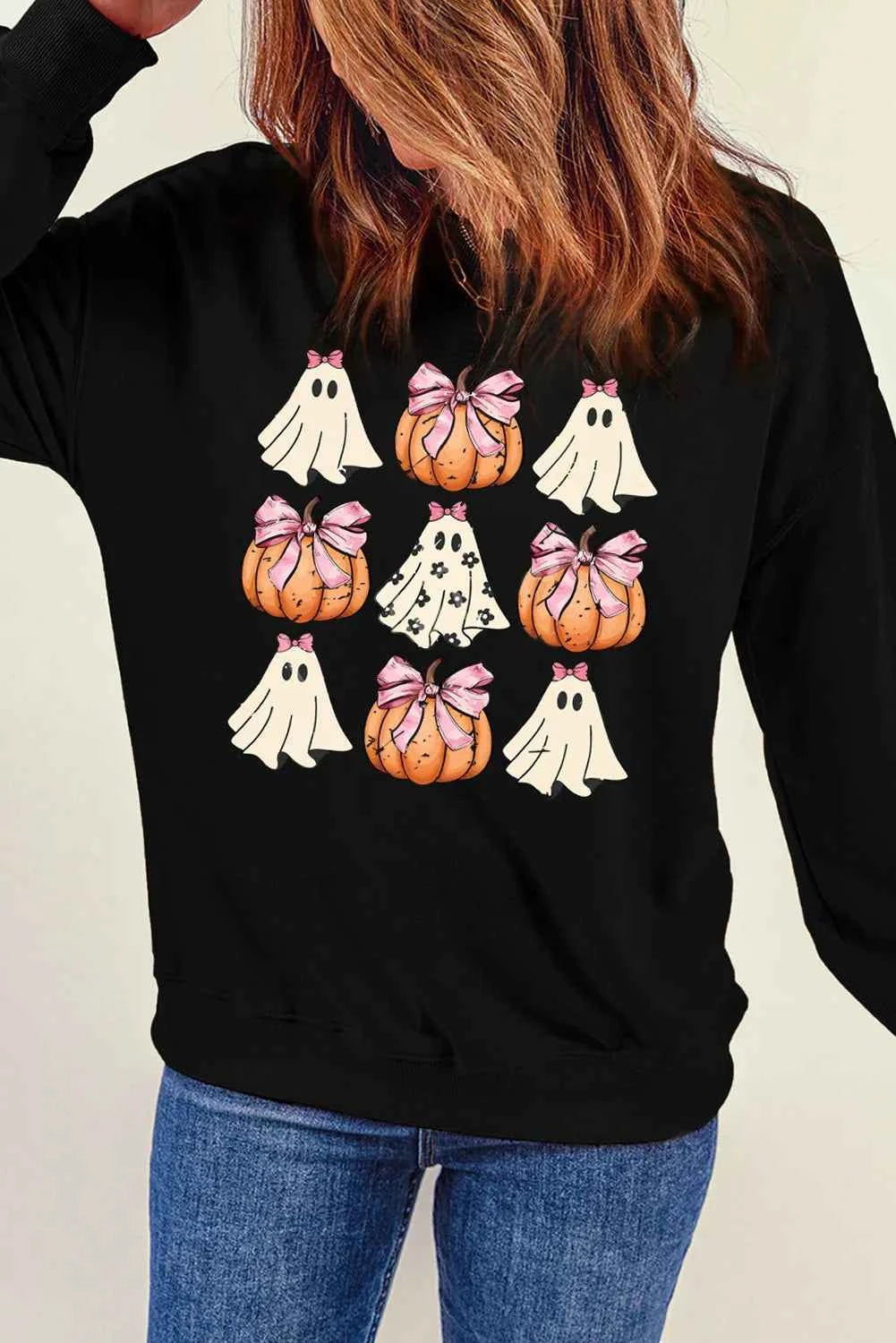 Pumpkin & Ghost Round Neck Long Sleeve Sweatshirt c43b9186-6934-4232-8362-006f9d7a0815-Max