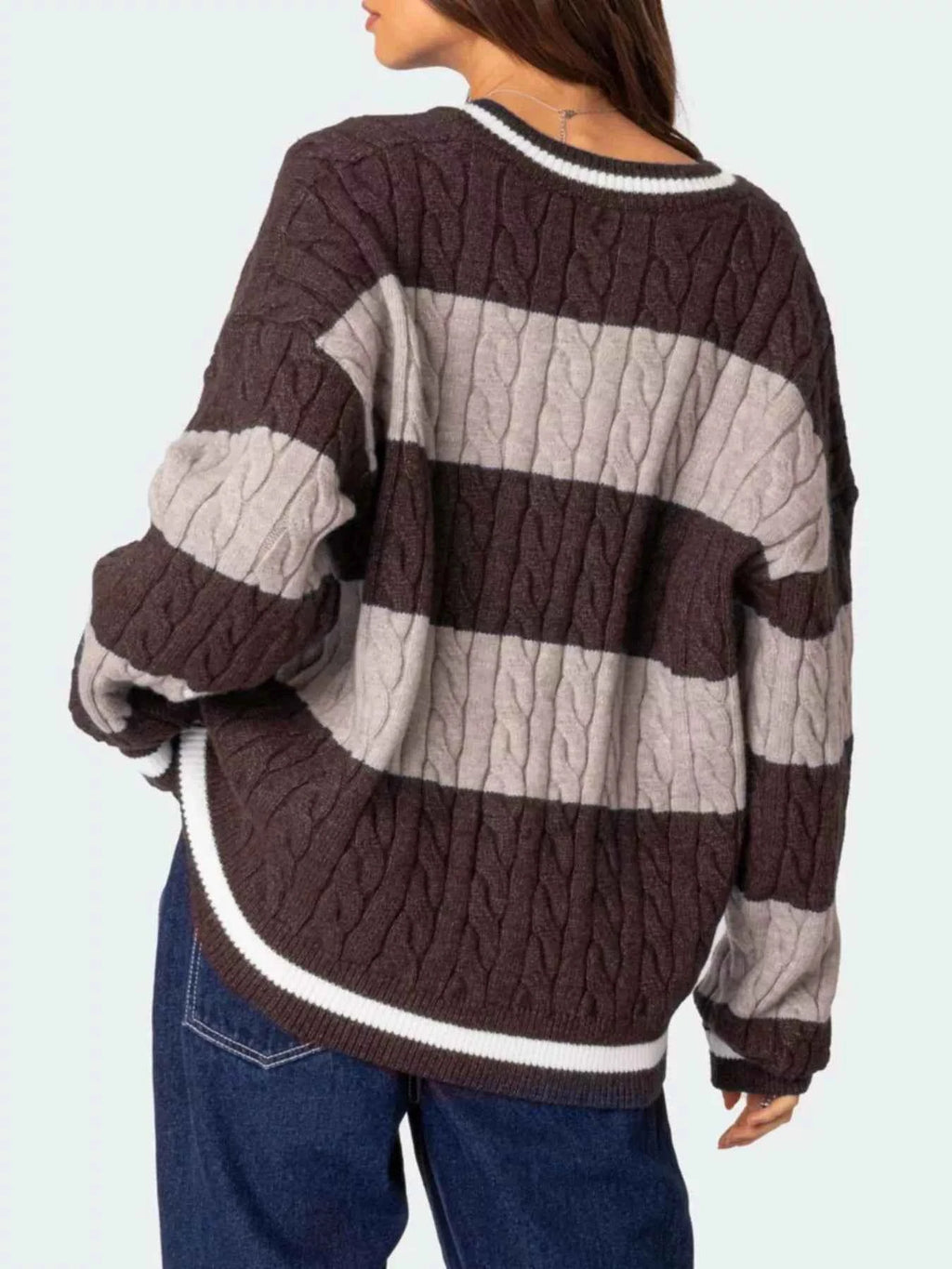 Striped Cable Knit V-Neck Sweater c43ffcc3-ac9d-4cfc-8d2a-4ca5e16b7fb8-Max-Origin