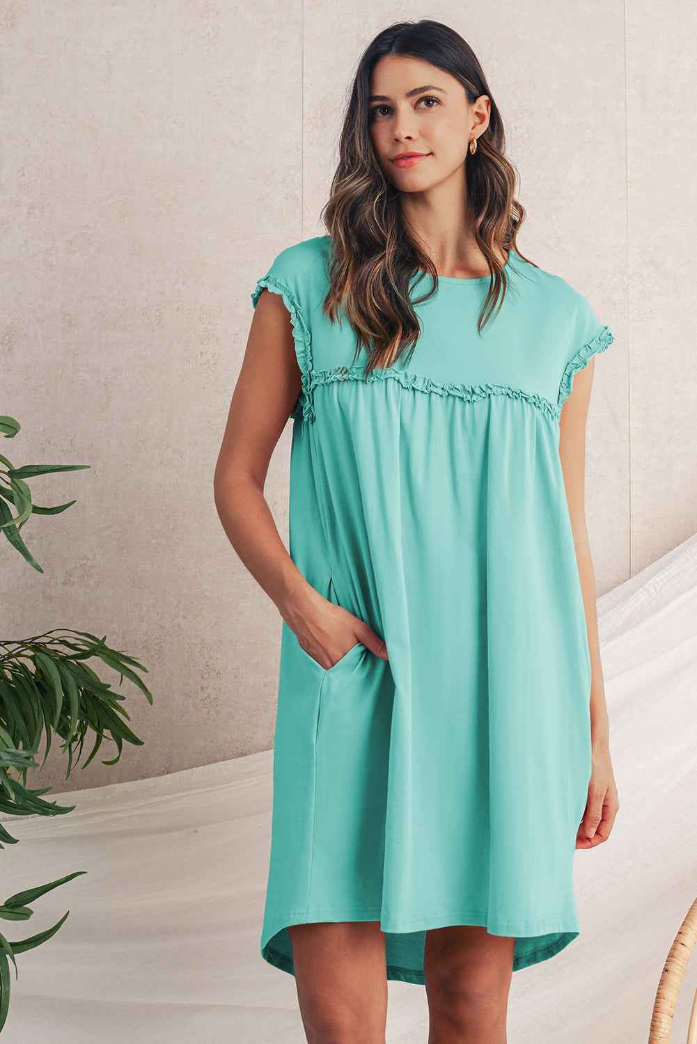 Mint Green Frilled Trim Crewneck Loose Fit Mini Dress c44304162a5d7bfe