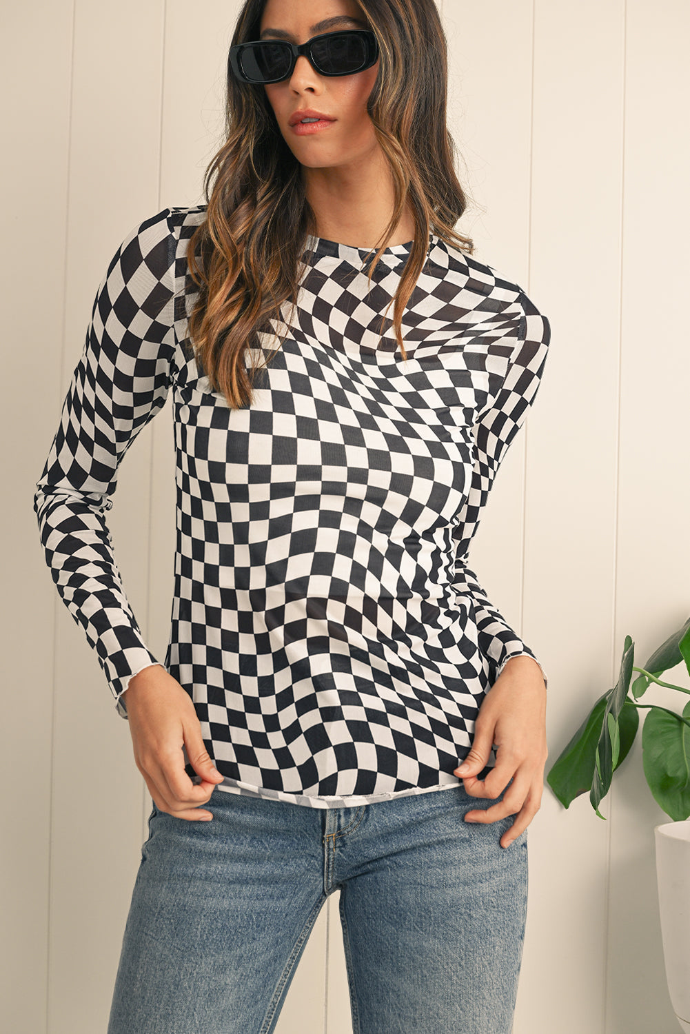 Black Checkered Pattern Mesh Long Sleeve Top Black 95%Polyester+5%Elastane c45485989ead5cac