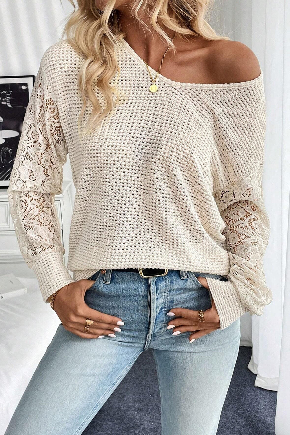 Beige Waffle V Neck Patchwork Lace Sheer Long Sleeve Top c45a0ef396bf3f7b