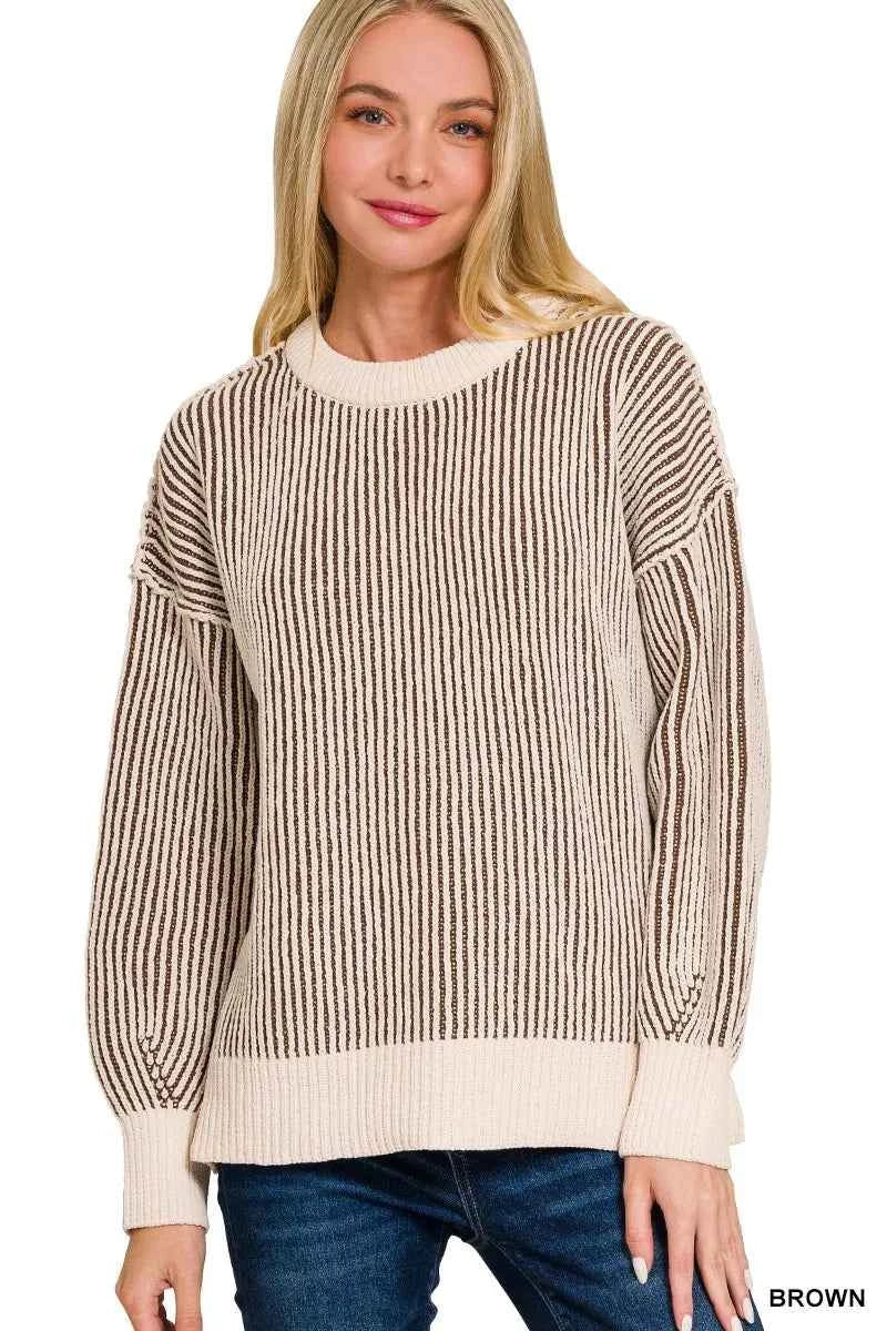 Zenana Two Tone Crewneck Sweater BROWN c4762bf128fb41ef9e76e1609b8eef94-Max-Origin