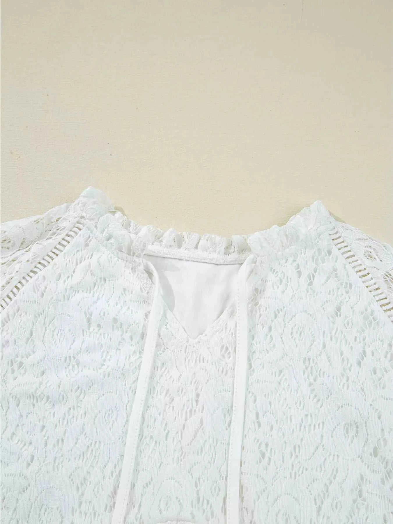 Tie Neck Lace Ruffle Detail Long Sleeve Blouse c4800d1c52344ac08b6872322e04eabf-Max-Origin