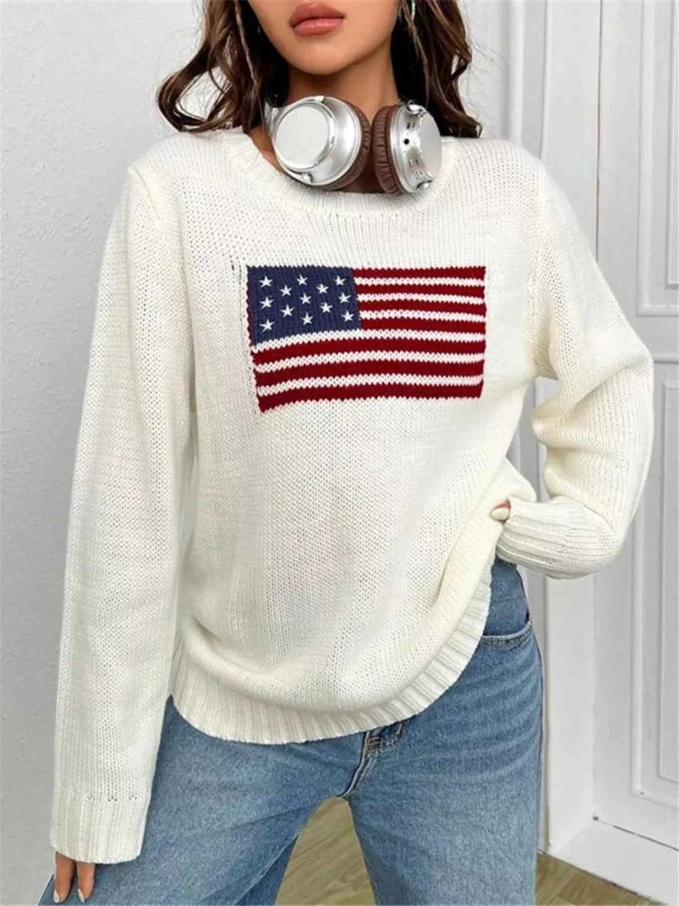 US Flag Round Neck Long Sleeve Sweater c48166d1b79a4b5697781127cc76d88a-Max-Origin