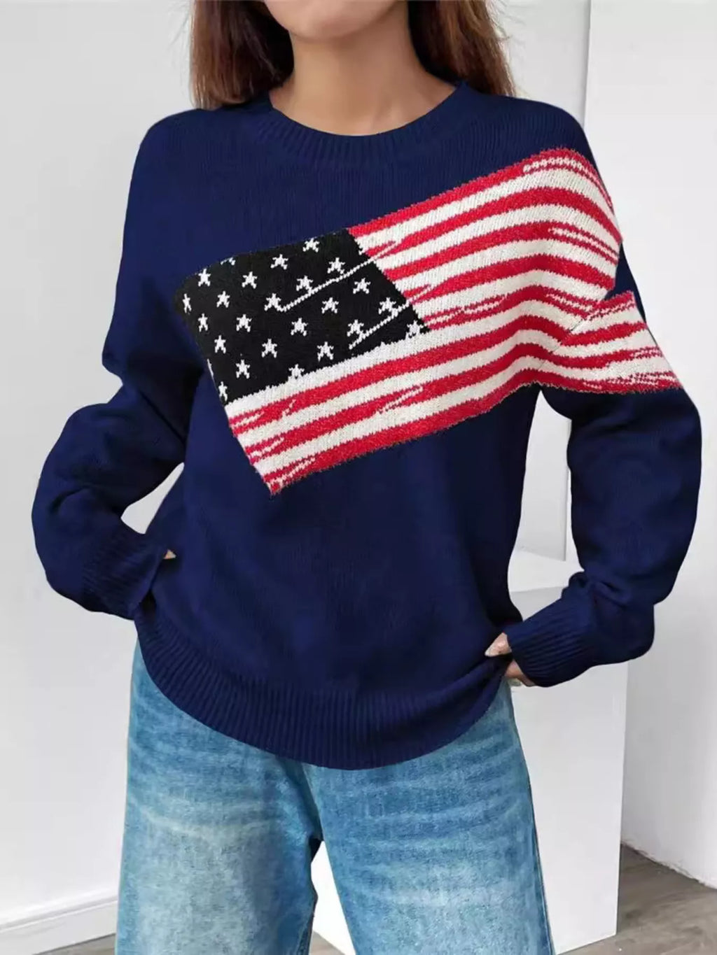 US Flag Round Neck Long Sleeve Sweater c48274a826464beb99455f0b1ba9e5d4-Max-Origin