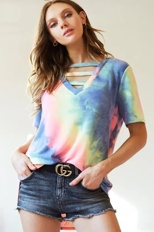 BiBi Tie-Dye V-Neck Short Sleeve T-Shirt c486fda89b814fc7bc02985f0a4a797f-Max-Origin