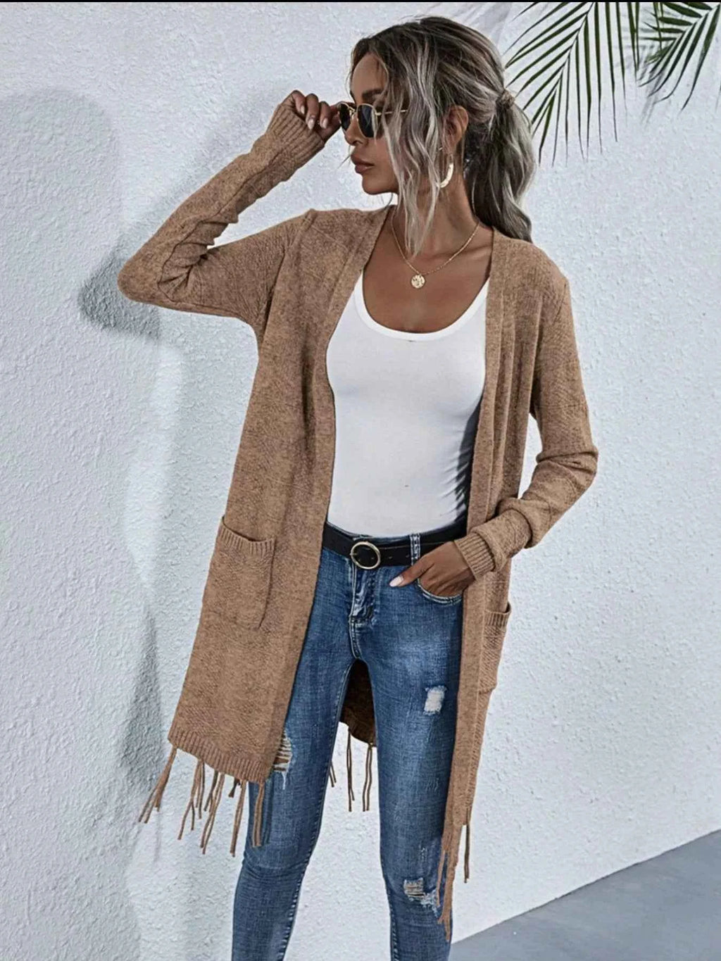 Open Front Fringe Longline Cardigan with Pockets c49516d5-0f22-46d0-8271-a26f05052db8-Max-Origin
