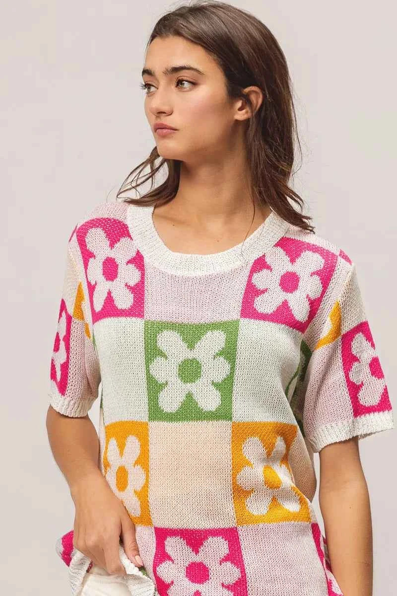 BiBi Flower Checker Pattern Lightweight Sweater Top c4b9166c51264a628e18207e8127945e-Max-Origin