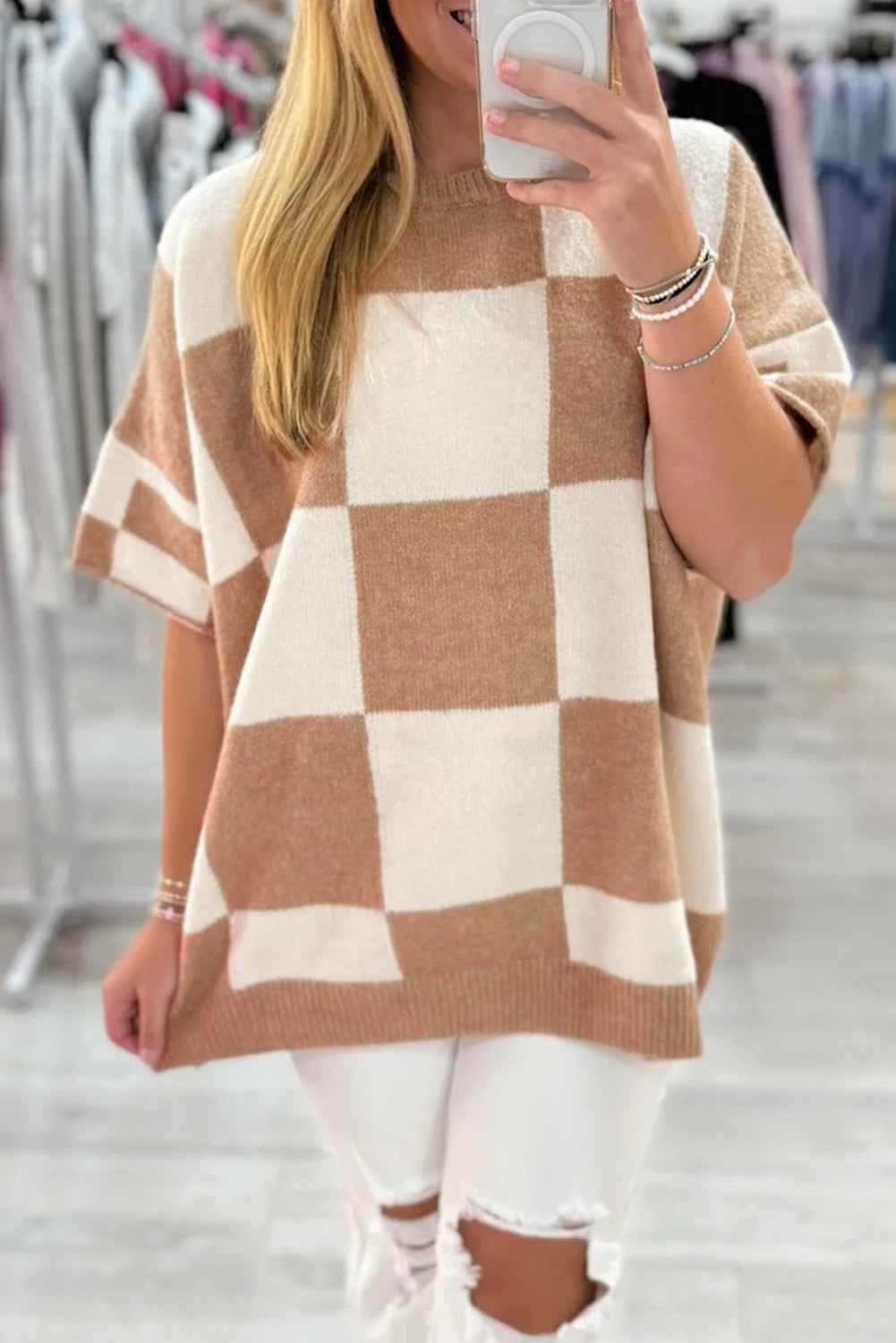 Black Checkered Pattern Loose Short Sleeve Sweater Light French Beige 52%Viscose+26%Polyester+22%Polyamide c4b9d0d6fdf1393f