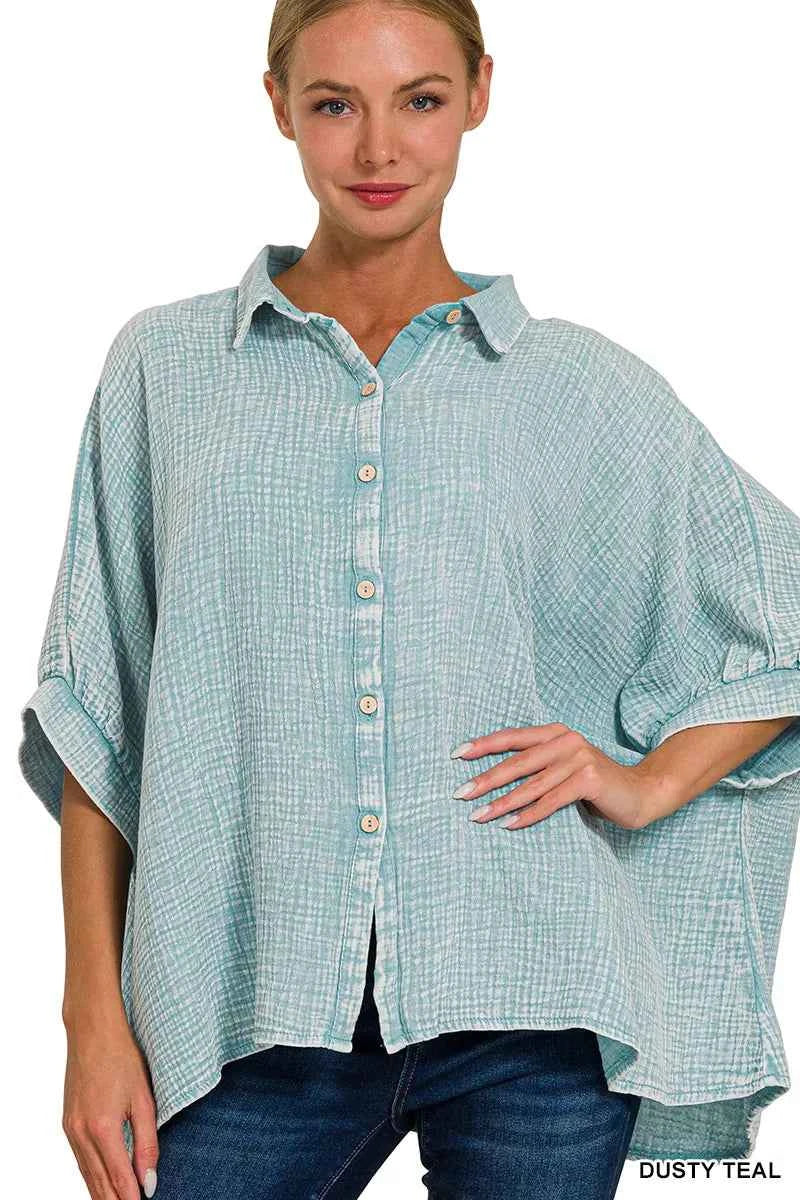 Zenana Washed Double Gauze Button Down Half Sleeve Shirt DUSTY TEAL c4bba30e-899c-44ea-8b58-5150f50e21f8-Max-Origin