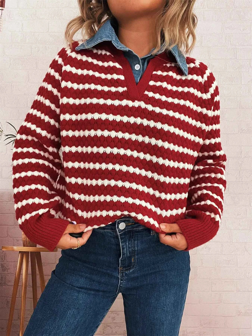 Contrast Striped Sweater with Denim Collar c4d06bdade9742049b2ee5fde868a086-Max-Origin