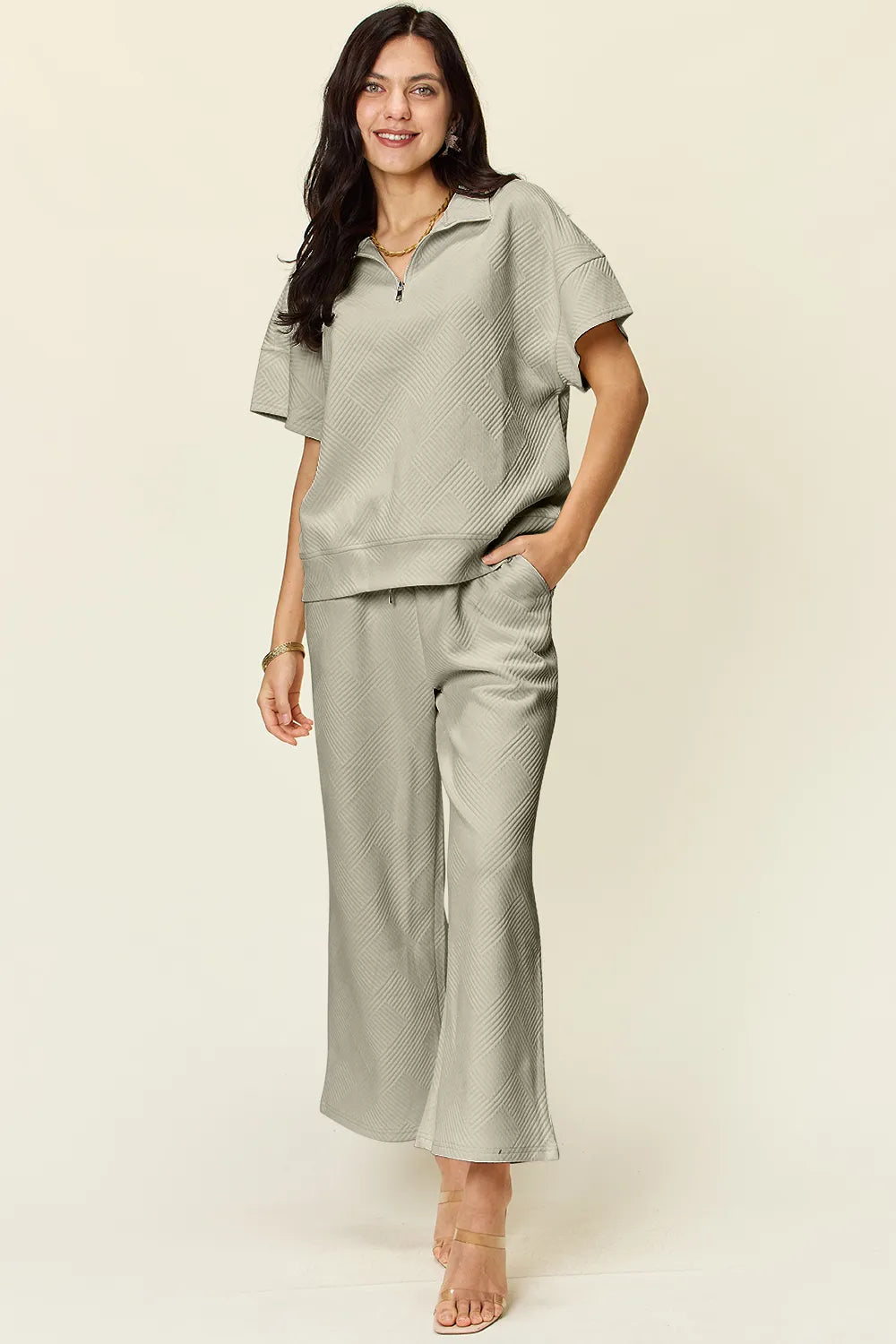 Double Take Full Size Texture Half Zip Short Sleeve Top and Pants Set Dust Storm c4d62dbc-3e39-4a5e-9e4b-409d8a9cfefc-Max