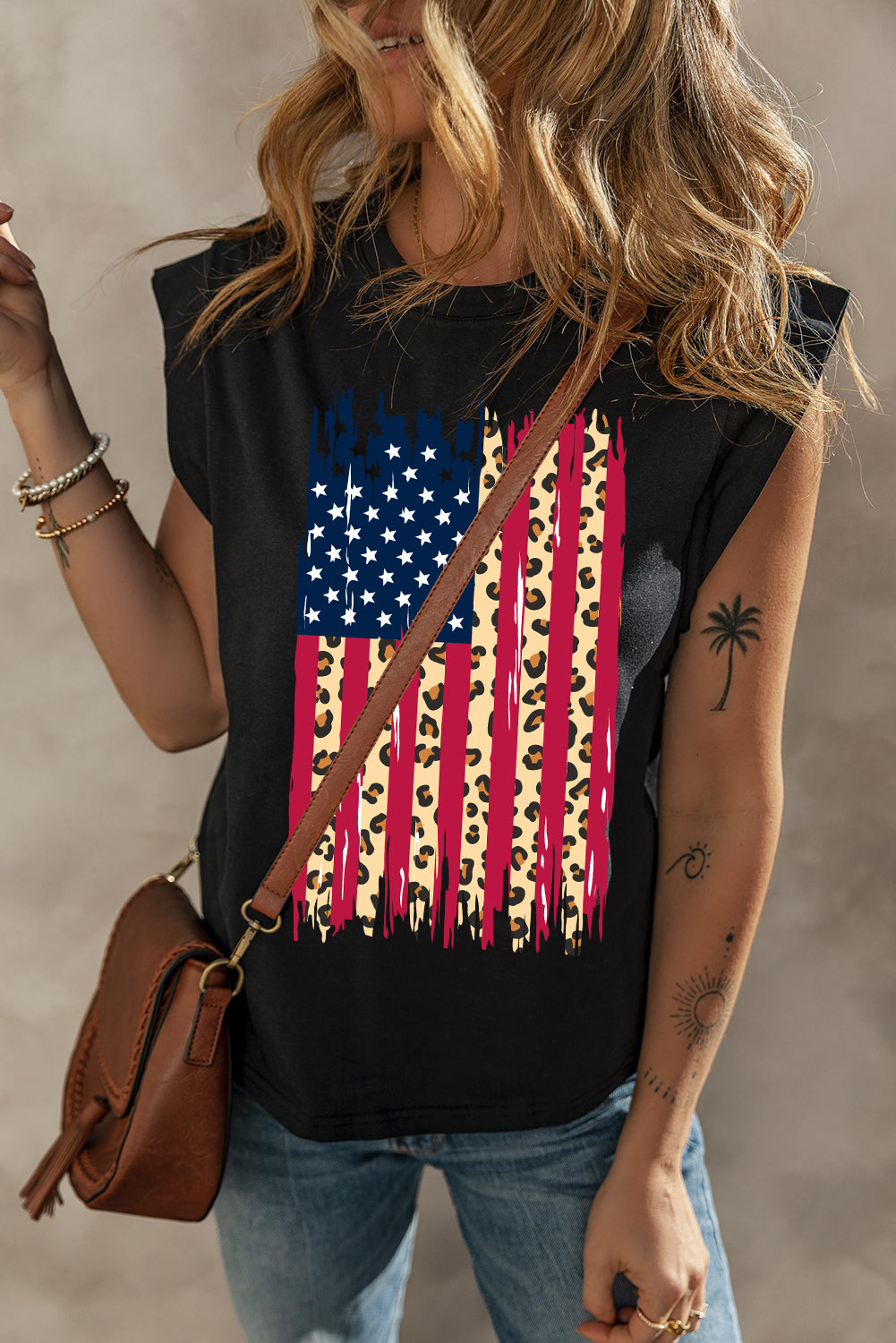 Black Leopard USA Flag Printed Sleeveless Cotton Top c4dbe1cf24f083fd