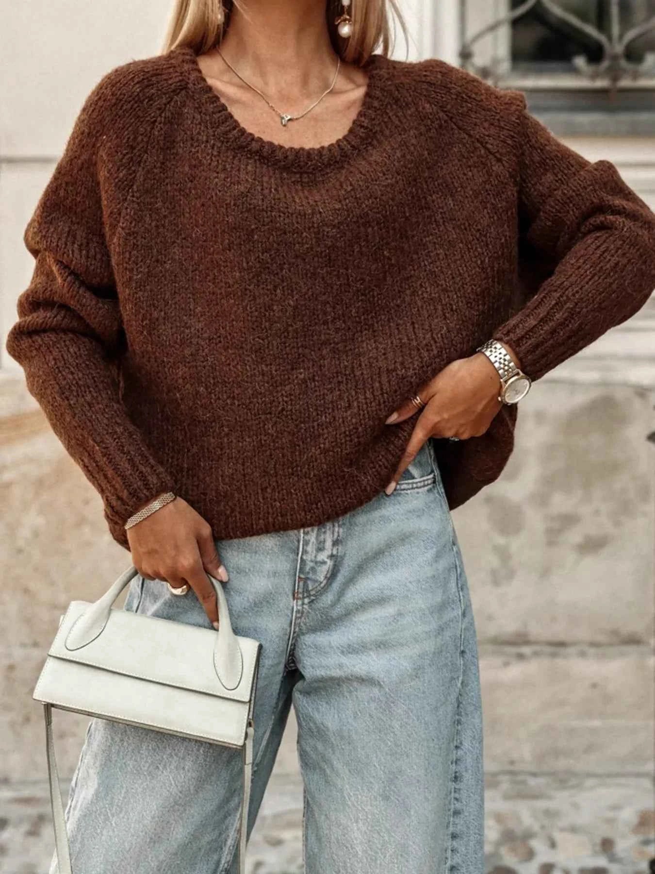 Round Neck Drop Shoulder Sweater Brown c4df1298-3fed-4a48-9b9d-5886bd6fc98e-Max-Origin