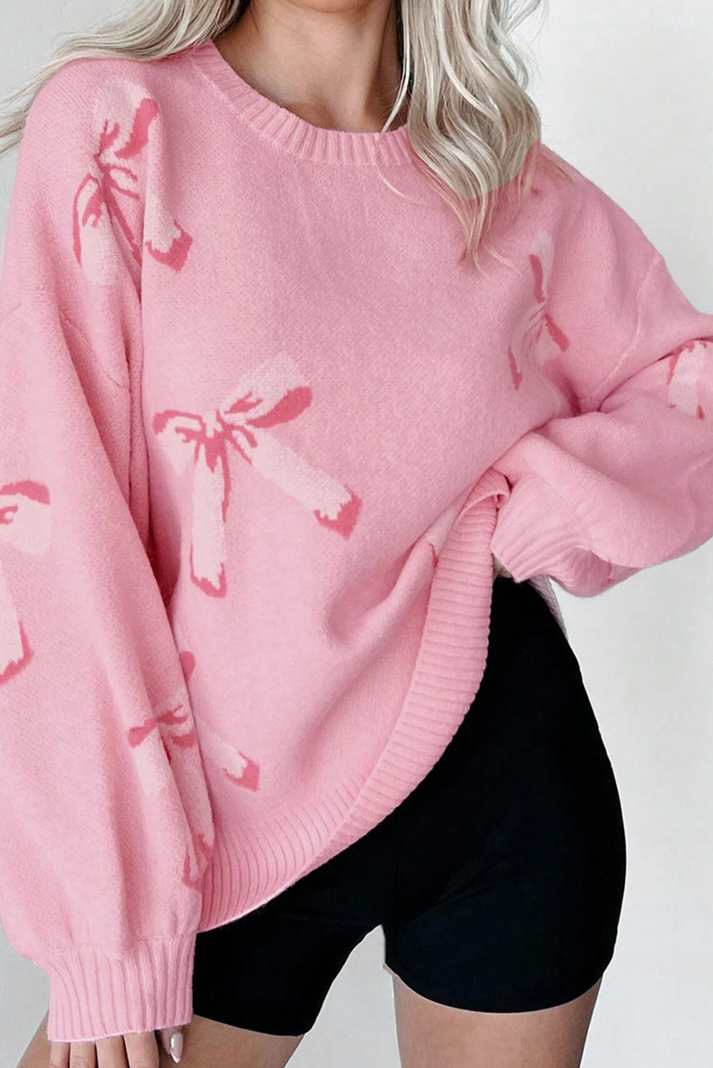 Pink Bow Jacquard Pullover Knitted Sweater c4dff2f60716dce9
