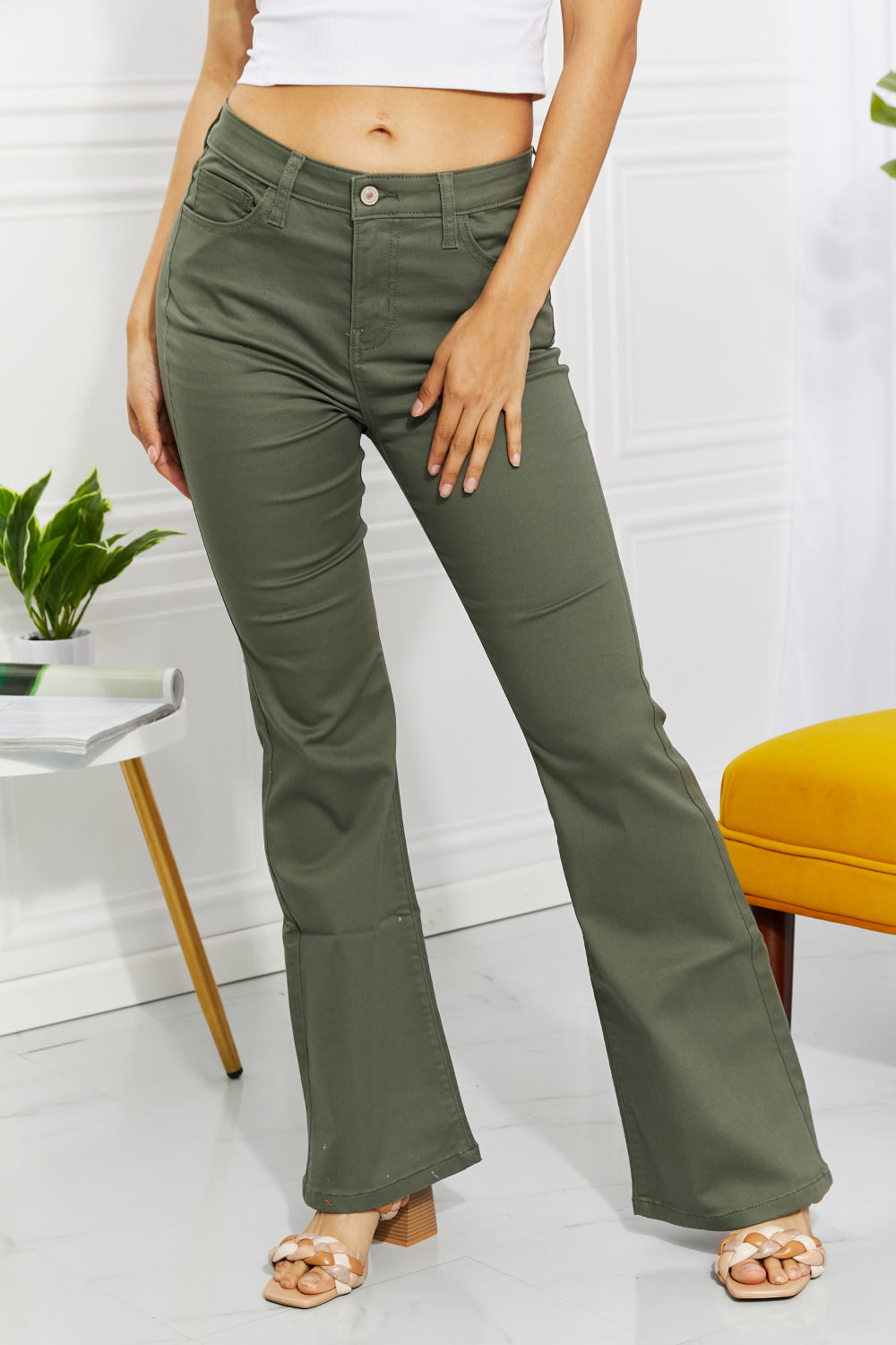 Zenana Clementine Full Size High-Rise Bootcut Jeans in Olive Matcha Green c4e5802fe0b2426d9cd6dd8b4ba6dcf0-Max