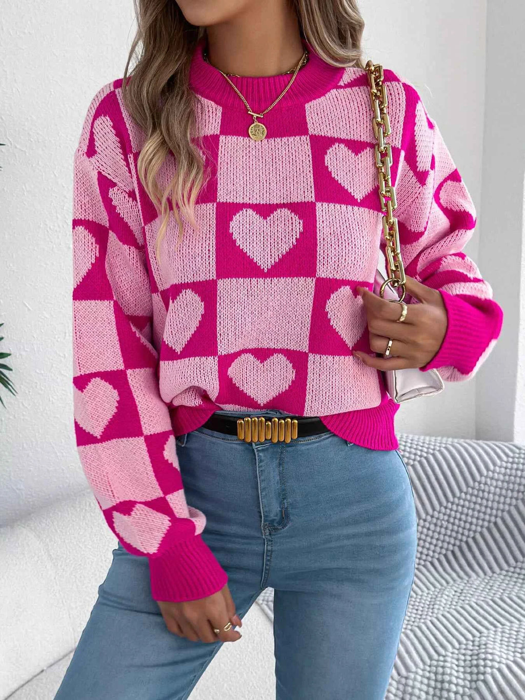 Heart Checkerboard Pattern Round Neck Sweater c4ff180de157490ab674b5cb3ef62908-Max-Origin