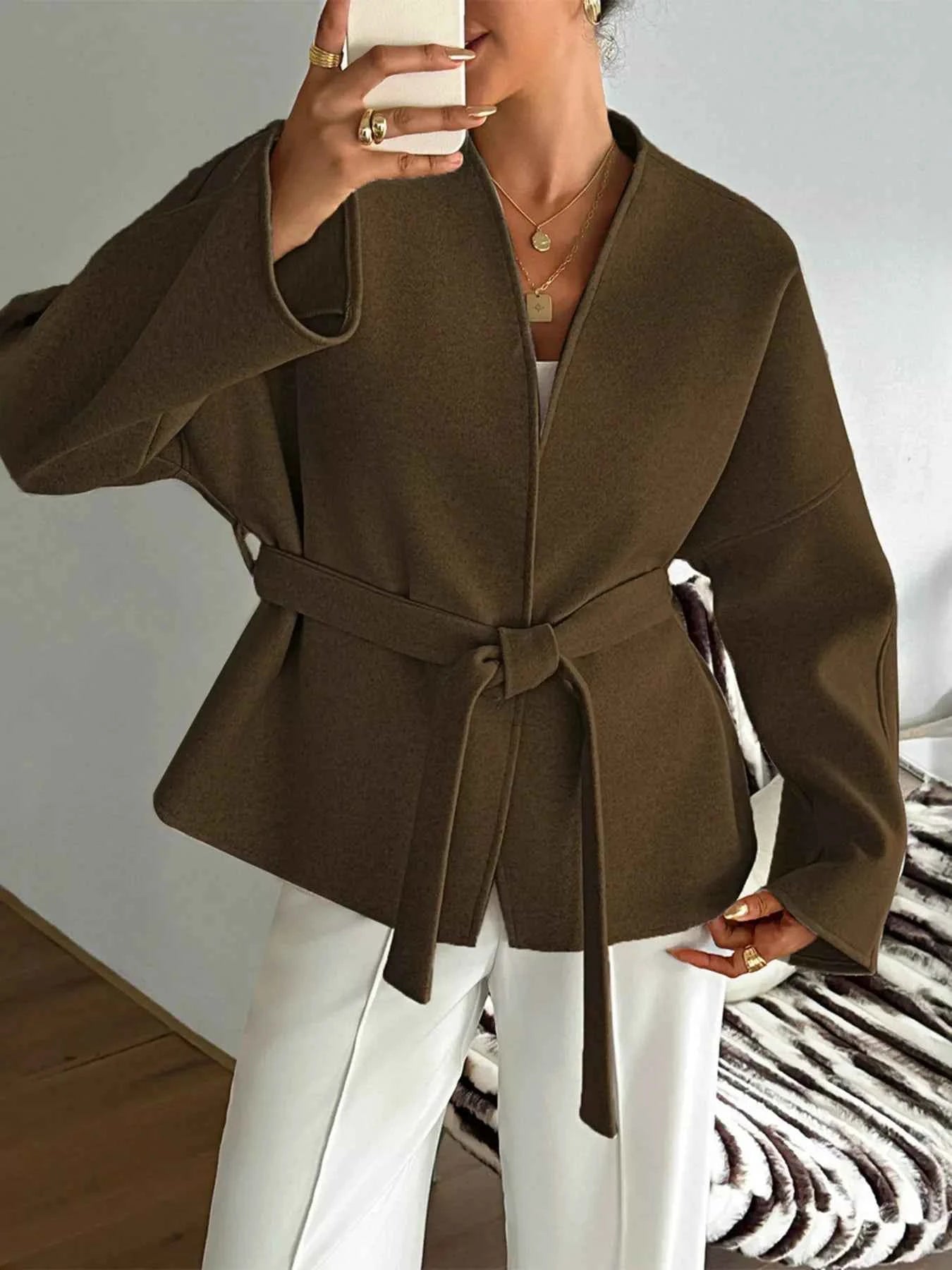 Surplice Dropped Shoulder Tie Belt Outerwear Brown c50111c5aa5a4b51a4bbaaee2be439c7-Max-Origin