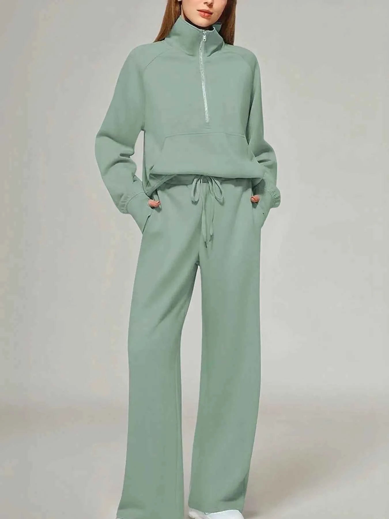 Half Zip Long Sleeve Top and Pants Set Green c50712c6383e405e83551c30886820ae-Max-Origin