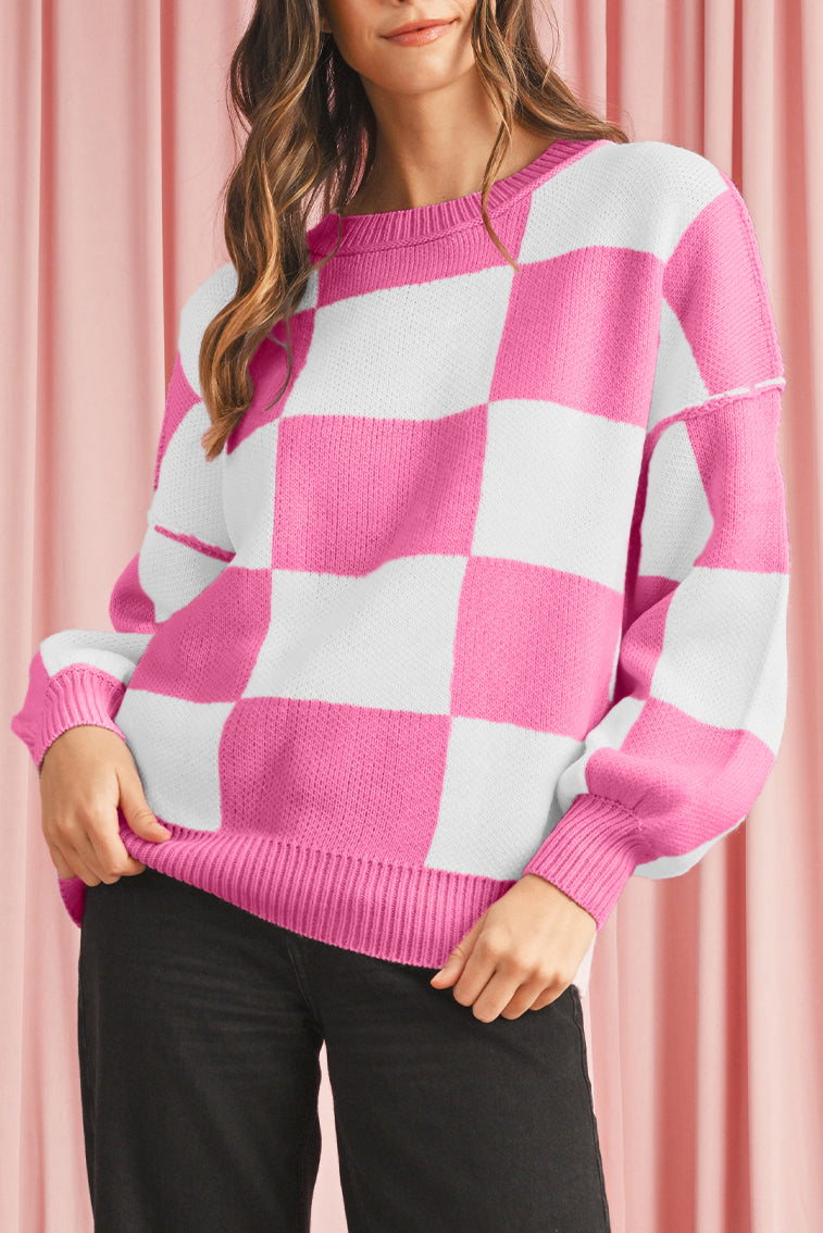 Orange & White Plaid Exposed Seam Bishop Sleeve Sweater c50f379dfacd075f