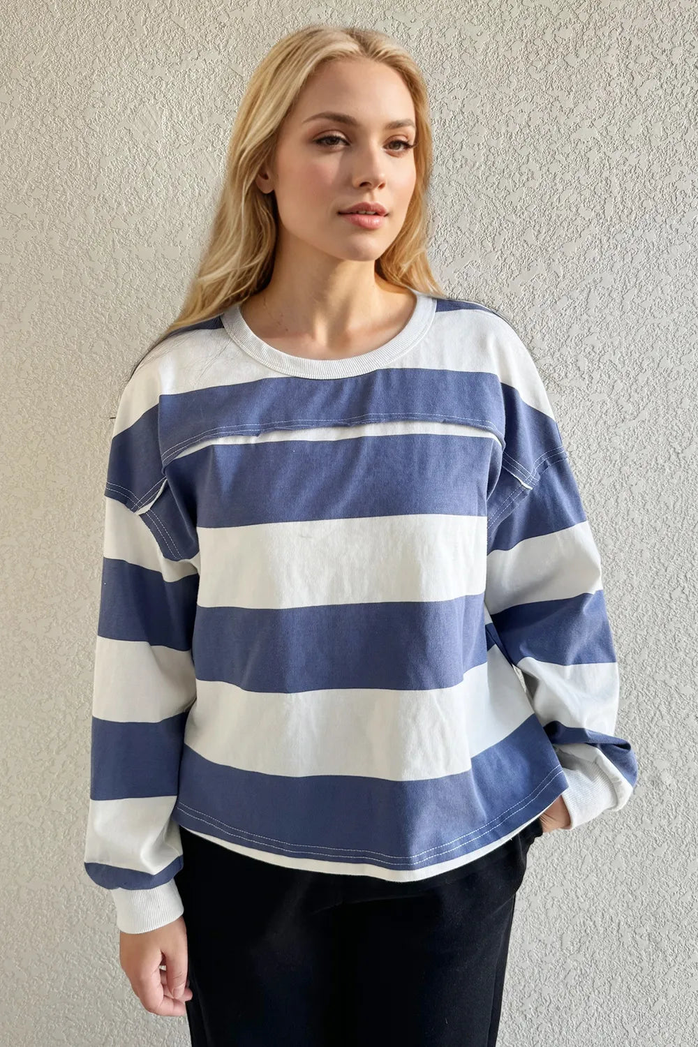 Oh Pima Cotton Wash Exposed Seam Contrast Striped Round Neck Long Sleeve T-Shirt Dusty Blue c51e0bf9-7b42-4fe4-9c46-145a3f9c6ad0-Max