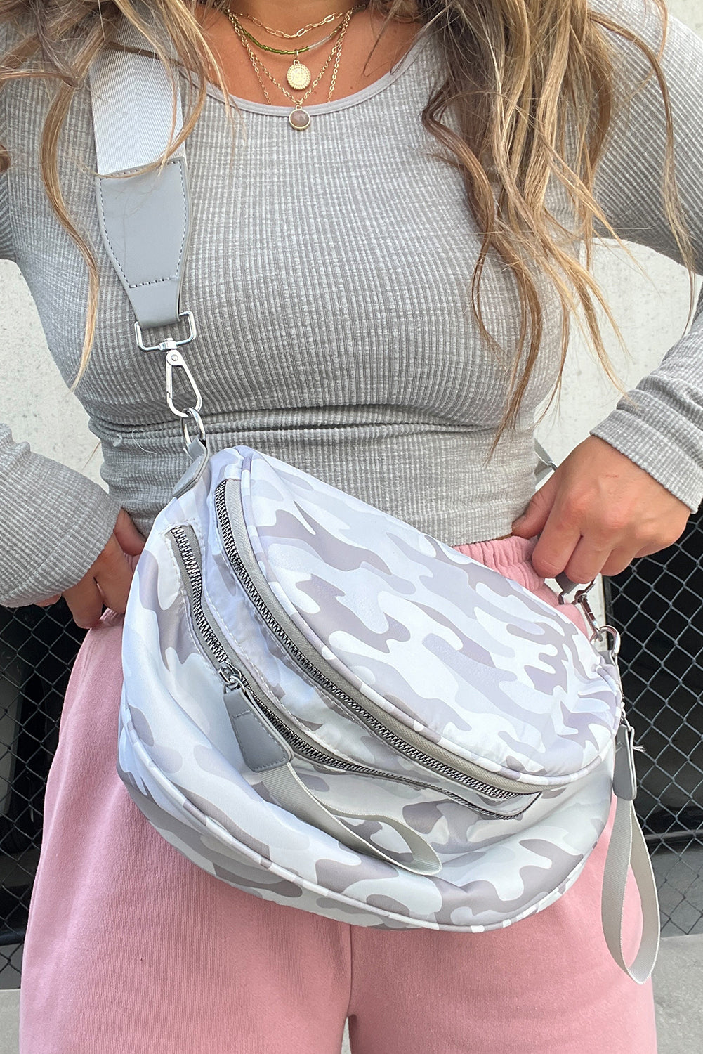 White Camouflage Print Double Zipper Crossbody Bag c52446b5b32cc707