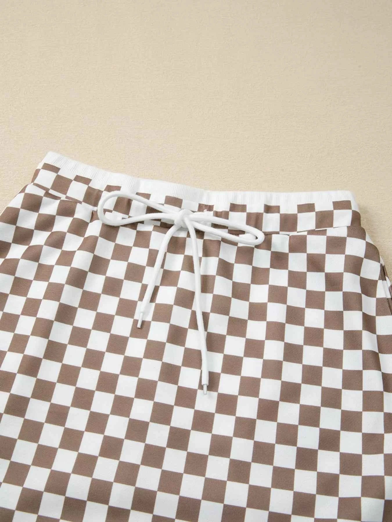 Checkered Print Polo Collar Cropped Long Sleeve Top and Drawstring Mini Skirt Set c5474a723a324a5489e8a965ca831b02-Max-Origin