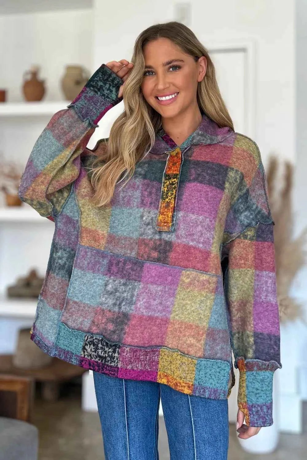 Double Take Full Size Plaid Dropped Shoulder Fleece Hoodie c54b4a79-2996-45d2-a56d-23cf94dcb255-Max