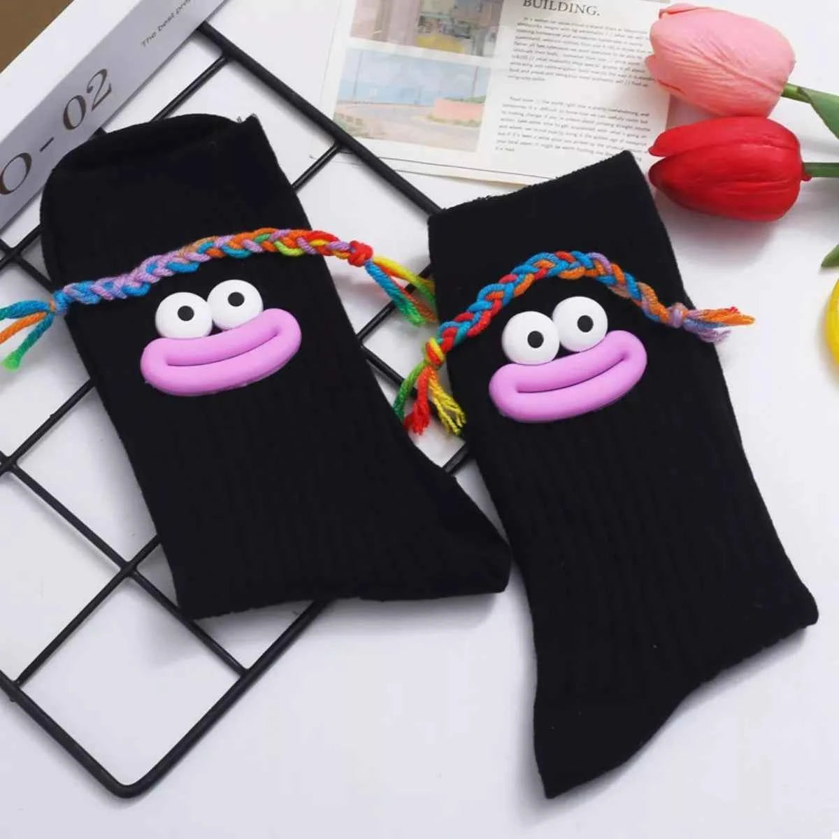 Cartoon Ribbed Knit Crew Socks Black B One Size c553c737-54fe-4d29-a1dd-59003164d5f1-Max-Origin