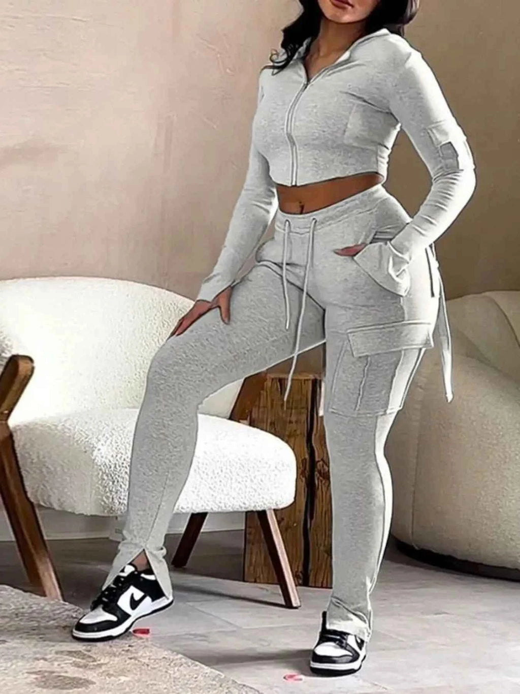 Full Size Zip Up Long Sleeve Hooded Top and Cargo Pants Set Plus Size Light Gray c555421481d241fa88fd7574e500a0fe-Max-Origin