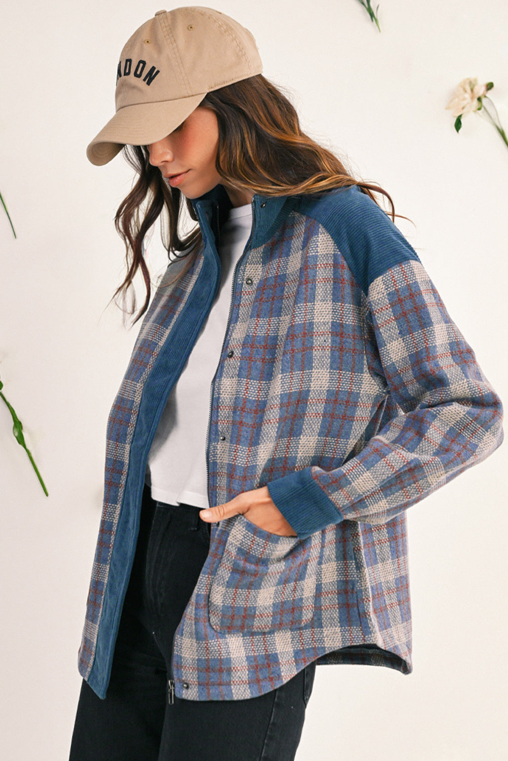 Gray Plaid Corduroy Patchwork Collared Zip Up Snap Button Jacket c55a49bce24f1456