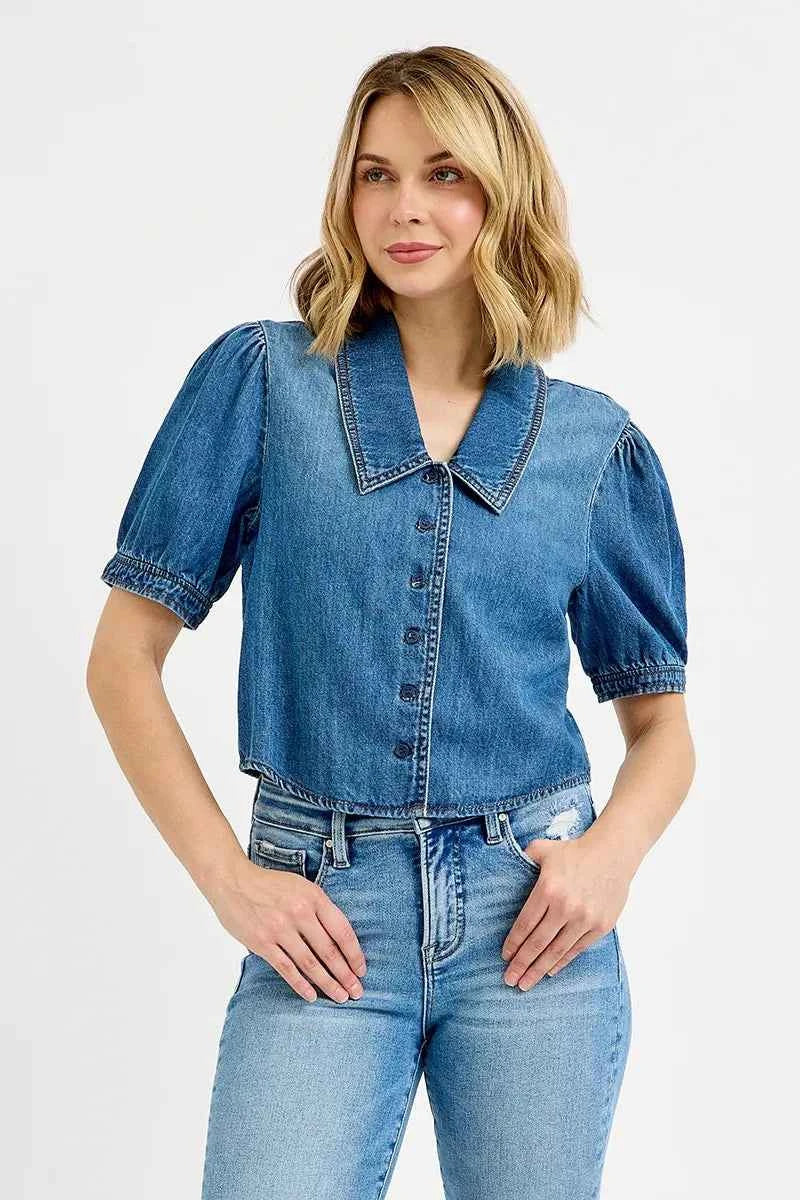 RISEN Button Down Puff Sleeve Crop Denim Shirt c55c48df517e4067878ffe78999f5700-Max-Origin